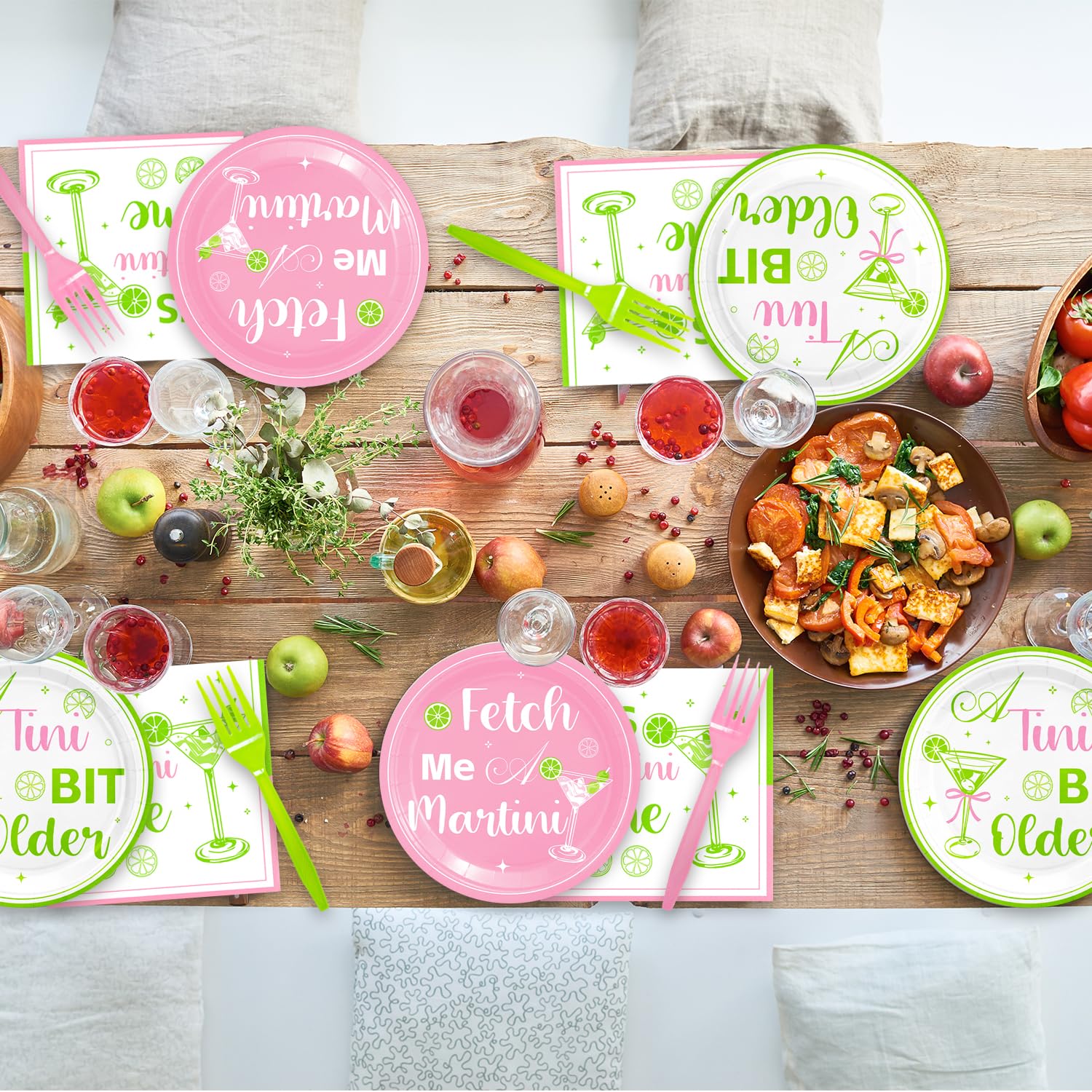 48PCS Pink and Green Martini Birthday Party Supplies - Disposable Plates, Napkins, Forks for 16 Guests - A Tini Bit Older Theme Decorations - Perfect for Cocktail Parties, Bachelorette Celebrations & 21st Birthday Events