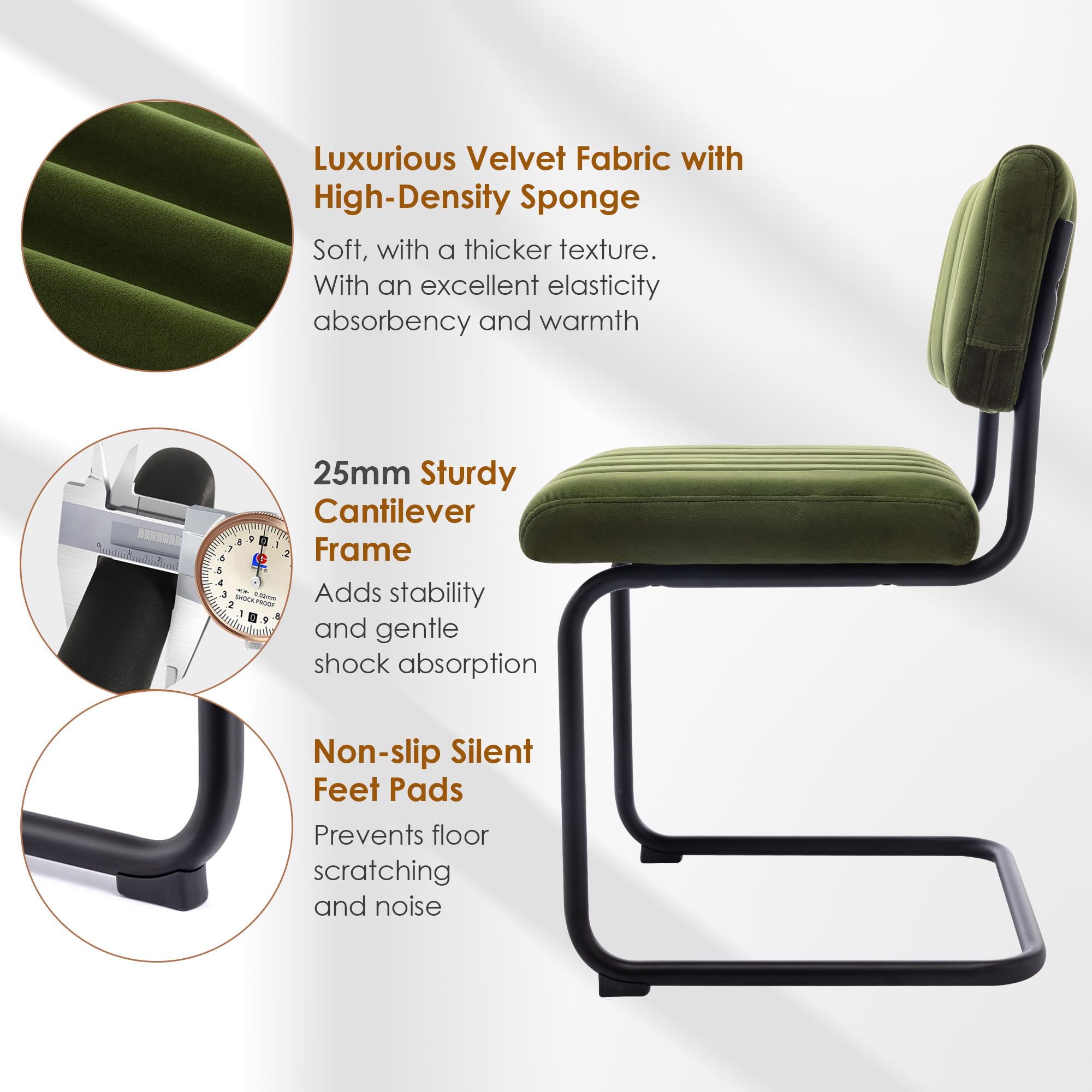 ONEVOG Mid Century Modern Dining Chairs Set of 2 - Green Velvet Upholstered Kitchen Chairs with Tufted Backs, Wide Seat & Metal Legs - Stylish Armless Cantilever Chairs for Dining Room, Kitchen, Living Room & Office