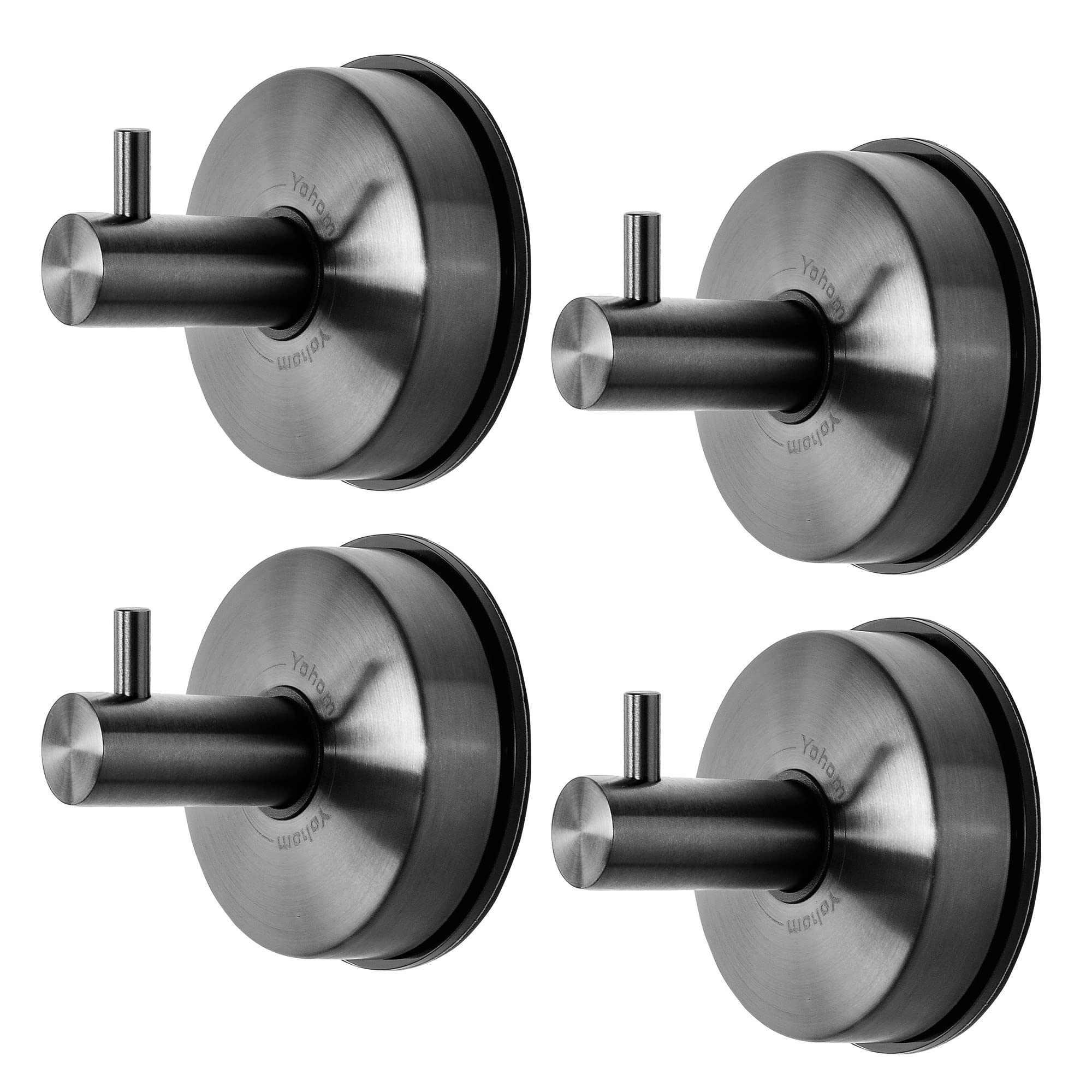 Stainless Steel Suction Cup Hooks - 4 Pack Shower Towel Holder, Bathroom & Kitchen Organizer for Towels, Robes, Loofahs - Brushed Black Vacuum Hooks for Bath, Shower & Home Organization