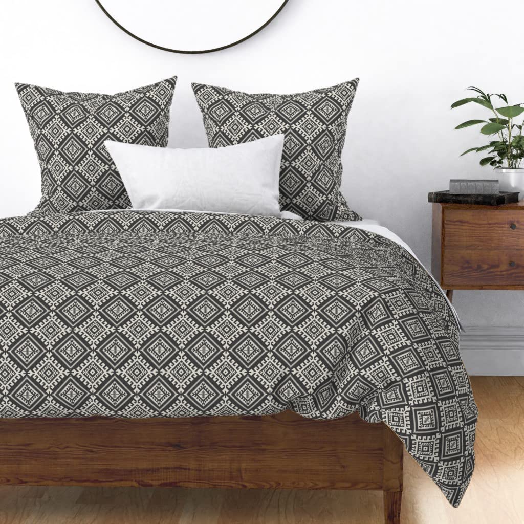 Premium Cotton Sateen Duvet Cover King/California King - Black & White Geometric Tribal Bohemian Design for Modern Bedroom Decor | Custom Printed Bedding for Boho, Southwestern & Eclectic Home Styles