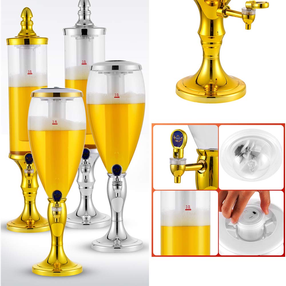 LED Colorful Shining 3L Tabletop Wine Beer Tower Dispenser - Golden Beverage Juice Server for Bar, Party, Restaurant, KTV & BBQ | Perfect for Weddings, Birthday Celebrations & Outdoor Gatherings