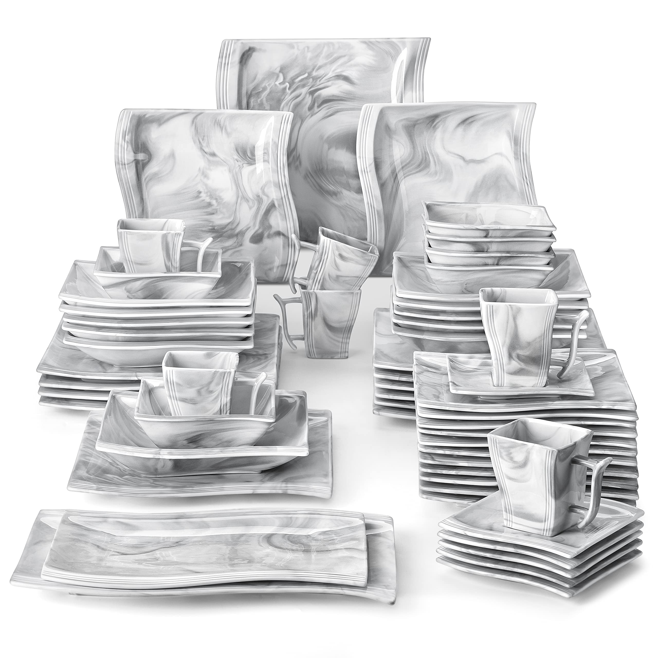 MALACASA 56-Piece Porcelain Dinnerware Set - Modern Square Plates, Bowls, Serving Platters, Cups & Saucers in Marble Grey (Flora Series) - Perfect for Dinner Parties, Family Gatherings & Restaurant Use