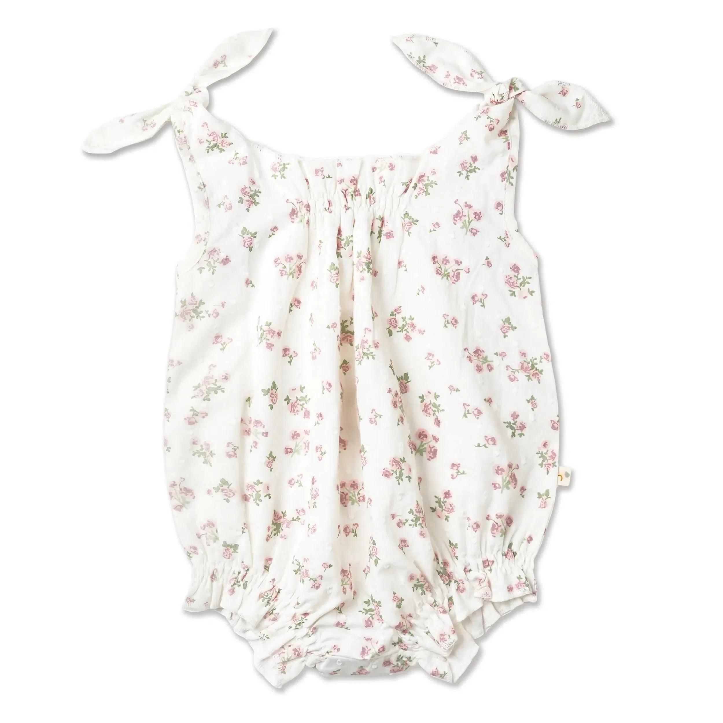 Makemake Organics Tie Shoulder Bubble Romper - Floral Print Baby Jumpsuit | Perfect for Photoshoots, Playdates & Special Occasions