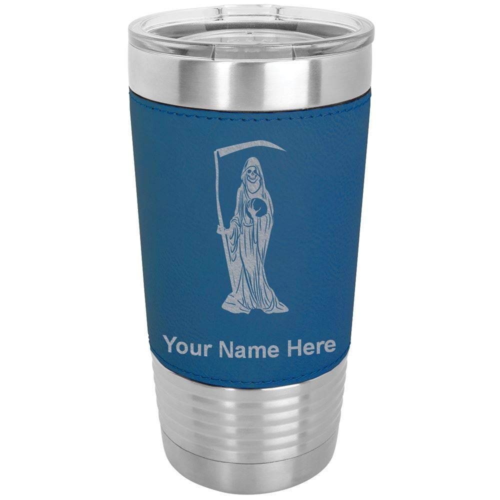 LaserGram 20oz Vacuum Insulated Stainless Steel Tumbler Mug with Santa Muerte Design - Personalized Engraving, Faux Leather Base & Blue Color - Keeps Drinks Hot/Cold for Hours - Perfect for Coffee, Tea, Smoothies & Outdoor Activities