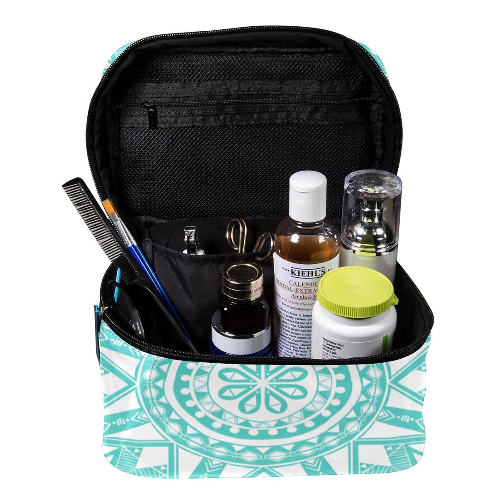 Boho Teal Mandala Floral Travel Makeup Bag - Large Cosmetic Organizer with Zipper for Women & Girls | Perfect for Travel, Gym, and Daily Essentials Storage
