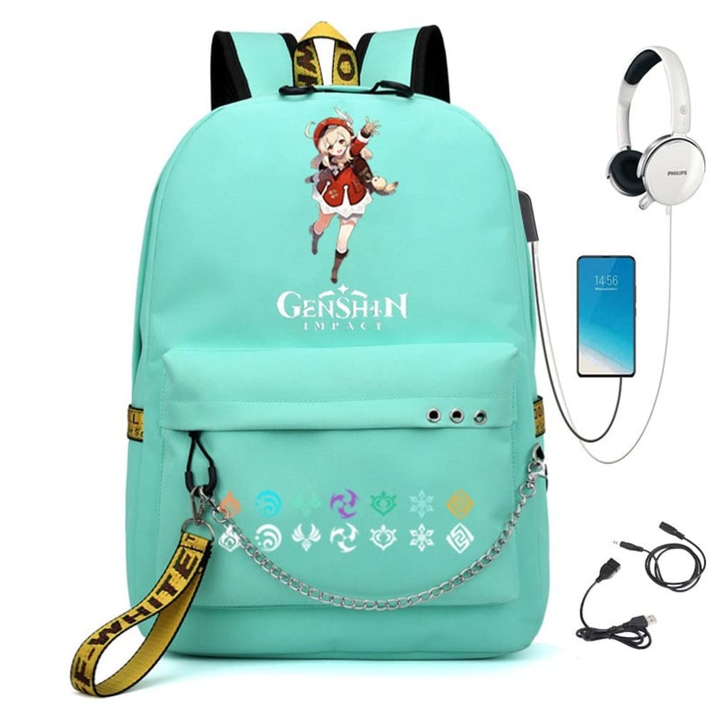 Genshin Impact Themed Unisex Backpack with USB Charging Port - Lightweight Casual School & Travel Backpack for Anime Fans (Green) - Perfect for Cosplay, Gaming Conventions & Daily Commute
