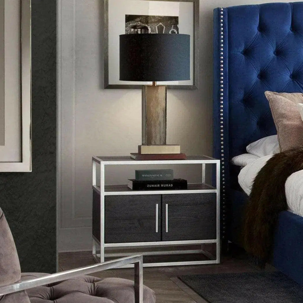 Dark Brown 2-Door End Table with Silver Metal Frame - Perfect for Living Room, Bedroom, or Office Side Table