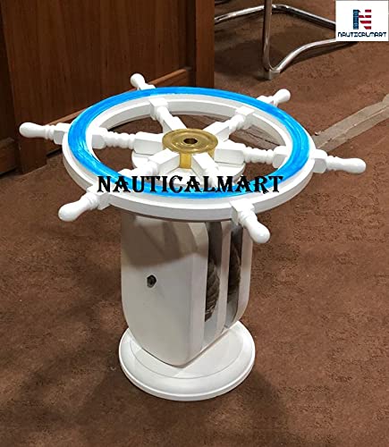Distressed White Nautical Wooden Ship Wheel Coffee Table with Pulley Base - Rustic Coastal Home Decor for Living Room, Beach House, or Office