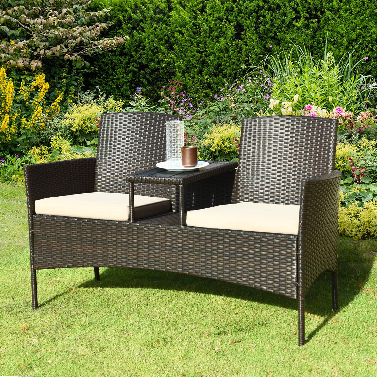**HAPPYGRILL Outdoor Loveseat with Removable Cushions & Coffee Table - Rattan Patio Wicker Conversation Set for Garden, Lawn, Backyard - Perfect for Relaxing, Entertaining, and Outdoor Gatherings**