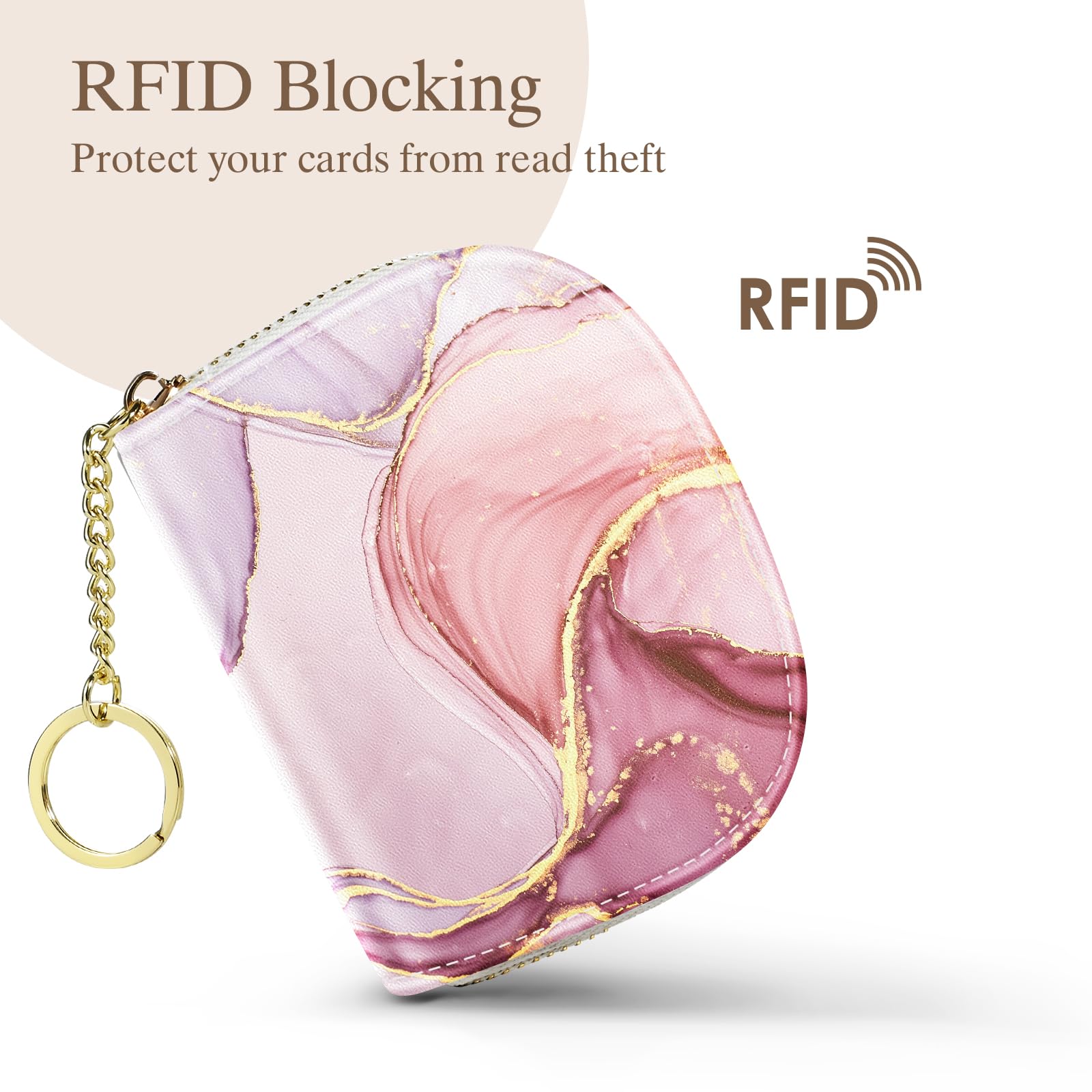 RFID Blocking Slim Leather Credit Card Holder Wallet for Women - Mini Zipper Keychain & Business Card Organizer (Pink Marble) | Perfect for Everyday Use, Travel & Gift Giving