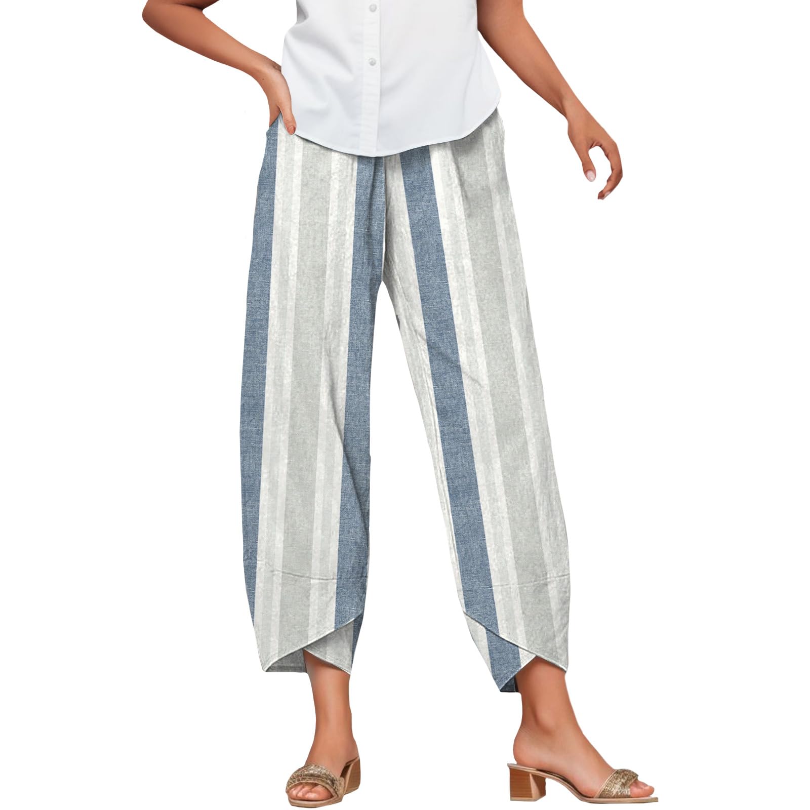 Bengbobar Women's Linen Wide Leg Capris - Casual Striped Sweatpants, Petite Palazzo Cropped Pants for Summer | Beach Vacation, Yoga, Lounge Wear