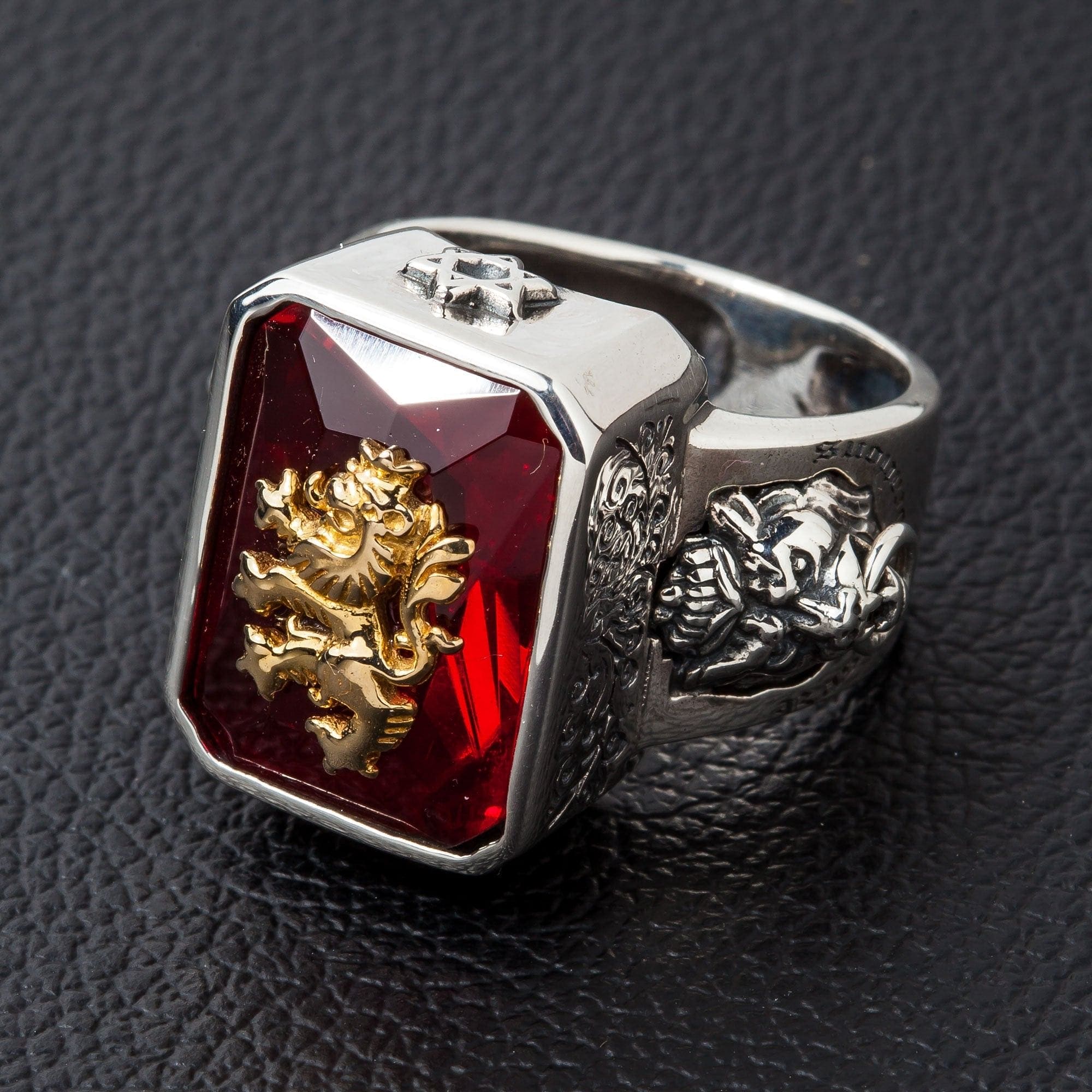 Sterling Silver Red Stone Lion Rampant Ring for Men & Women - Elegant Celtic Jewelry for Everyday Wear, Gift Giving & Special Occasions