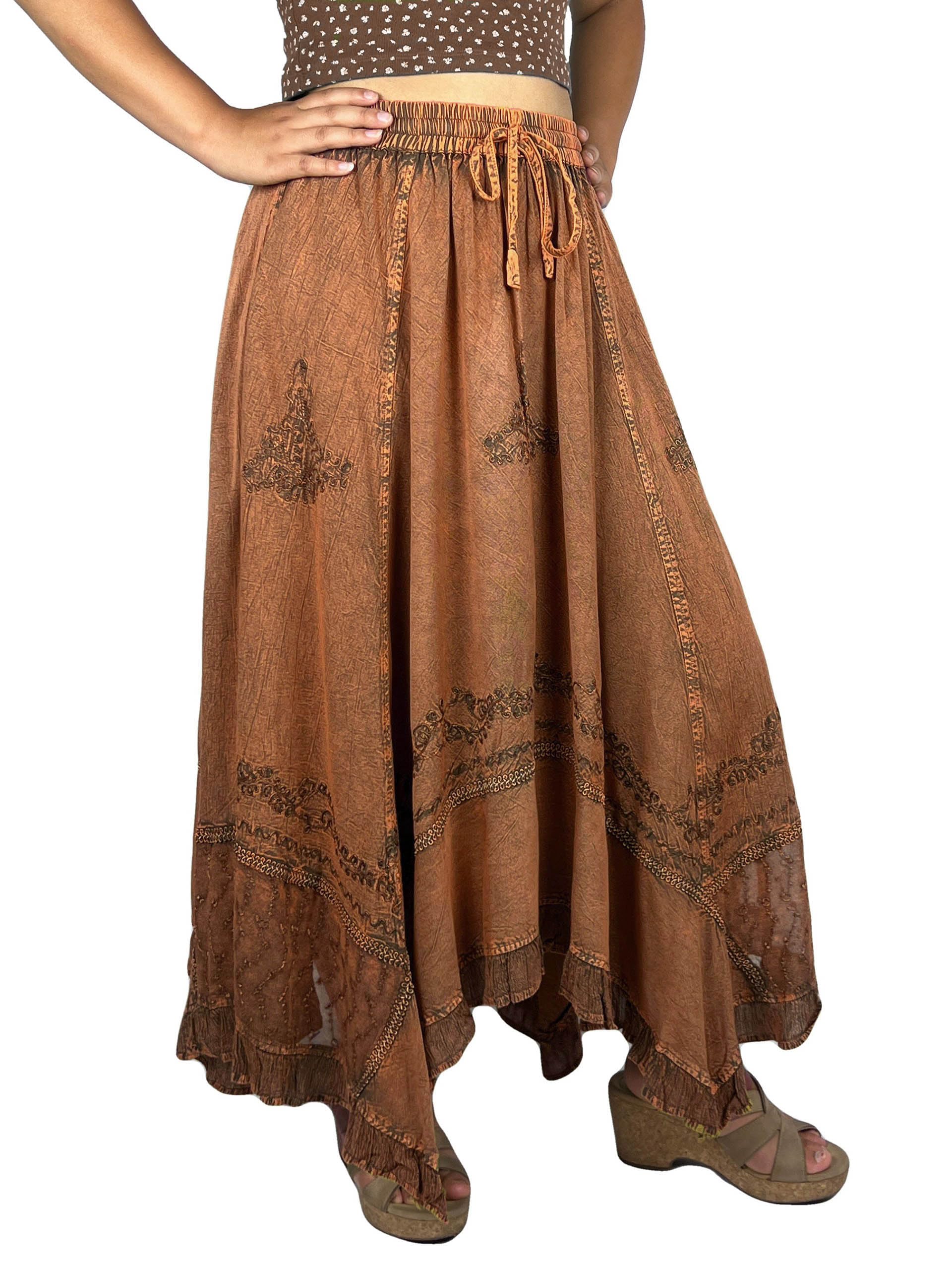Agan Traders 2025 Spring Women's Flowy Handkerchief Hem Midi Maxi Skirt - Bohemian Embroidered Ruffle Long Skirt for Casual, Beach & Festival Wear