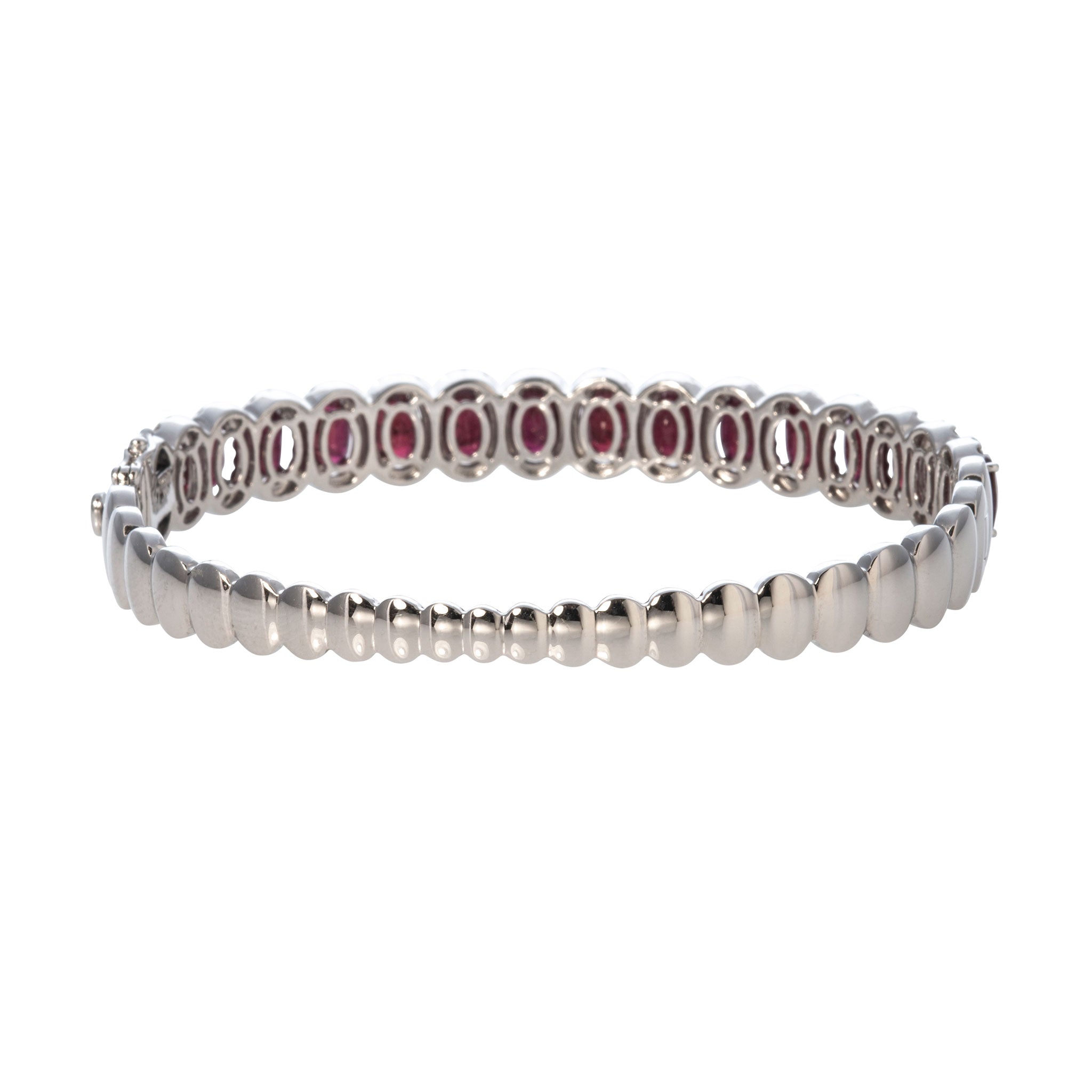 14K White Gold Oval Ruby & Diamond Halo Bangle Bracelet - Elegant Jewelry Gift for Women, Perfect for Weddings, Anniversaries & Special Occasions