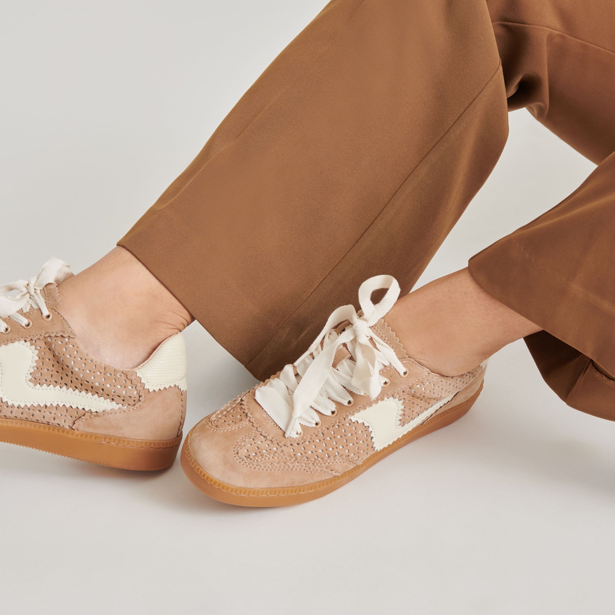 Notice Perforated Eyelet Sneakers in Camel Suede - Comfortable & Stylish Casual Shoes for Women, Perfect for Walking, Work & Everyday Wear