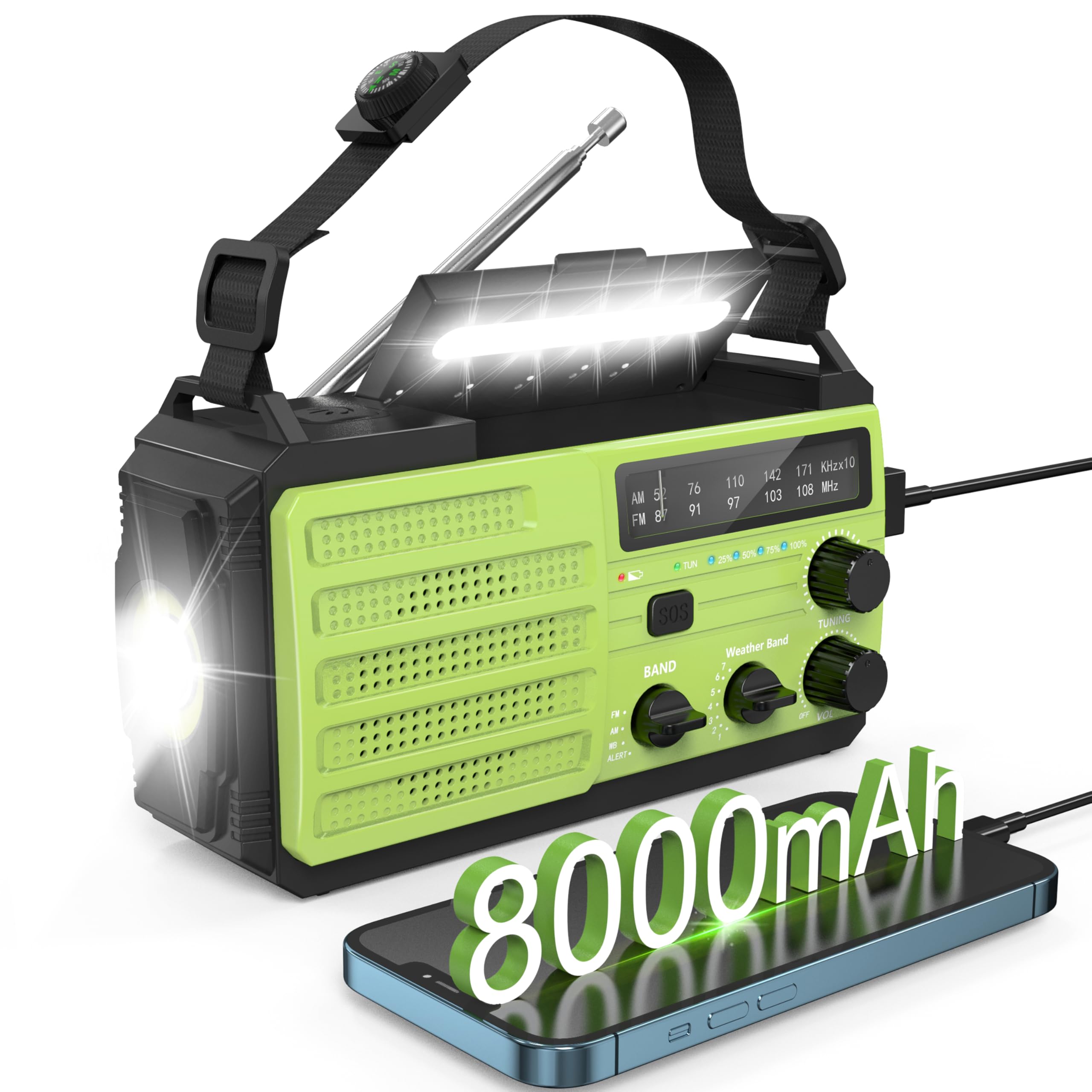 NOAA Emergency Weather Radio with AM/FM/NOAA Alerts - 8000mAh Solar & Hand Crank Power Bank, USB Charger, Flashlight, Reading Lamp & SOS Alarm - Portable Survival Radio for Hurricanes, Camping, Hiking & Home Emergencies