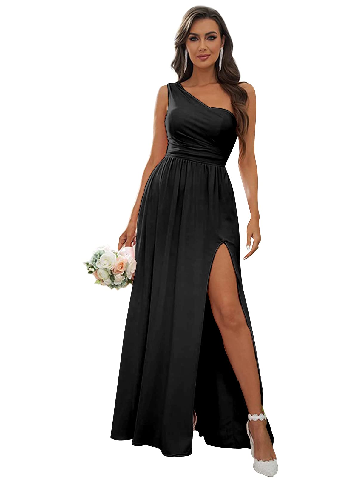 FEOLATE Elegant One Shoulder Long Bridesmaid Dress for Wedding, Formal Evening Party Gown with High Slit - Perfect for Bridal Shower, Prom, Cocktail Party & Special Occasions