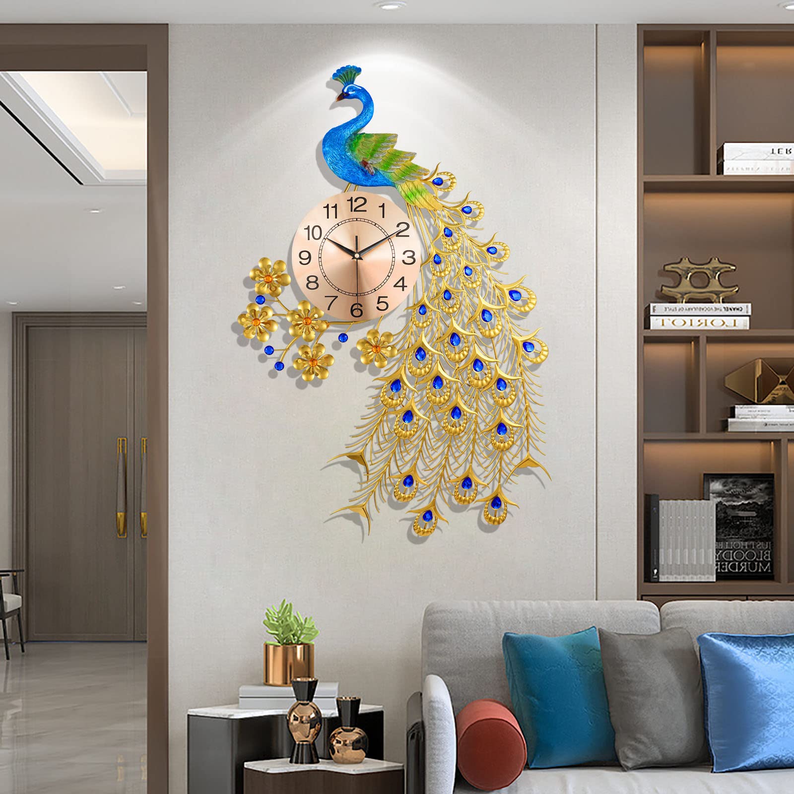 Large Peacock Wall Clock - Silent Non-Ticking Luxury Decor for Living Room, Dining Room & Bedroom | Mid Century Modern Peacock Design Wall Clock for Home & Office Decor