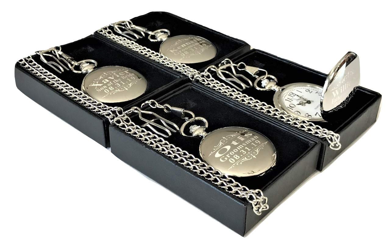 4 Personalized Engraved Pocket Watches with Custom Fitted Box & Buckle Chain - Battery Included - Rose Gold Set for Men's Gifts, Anniversary, Wedding, Vintage Collection - Perfect for Special Occasions & Antique Lovers