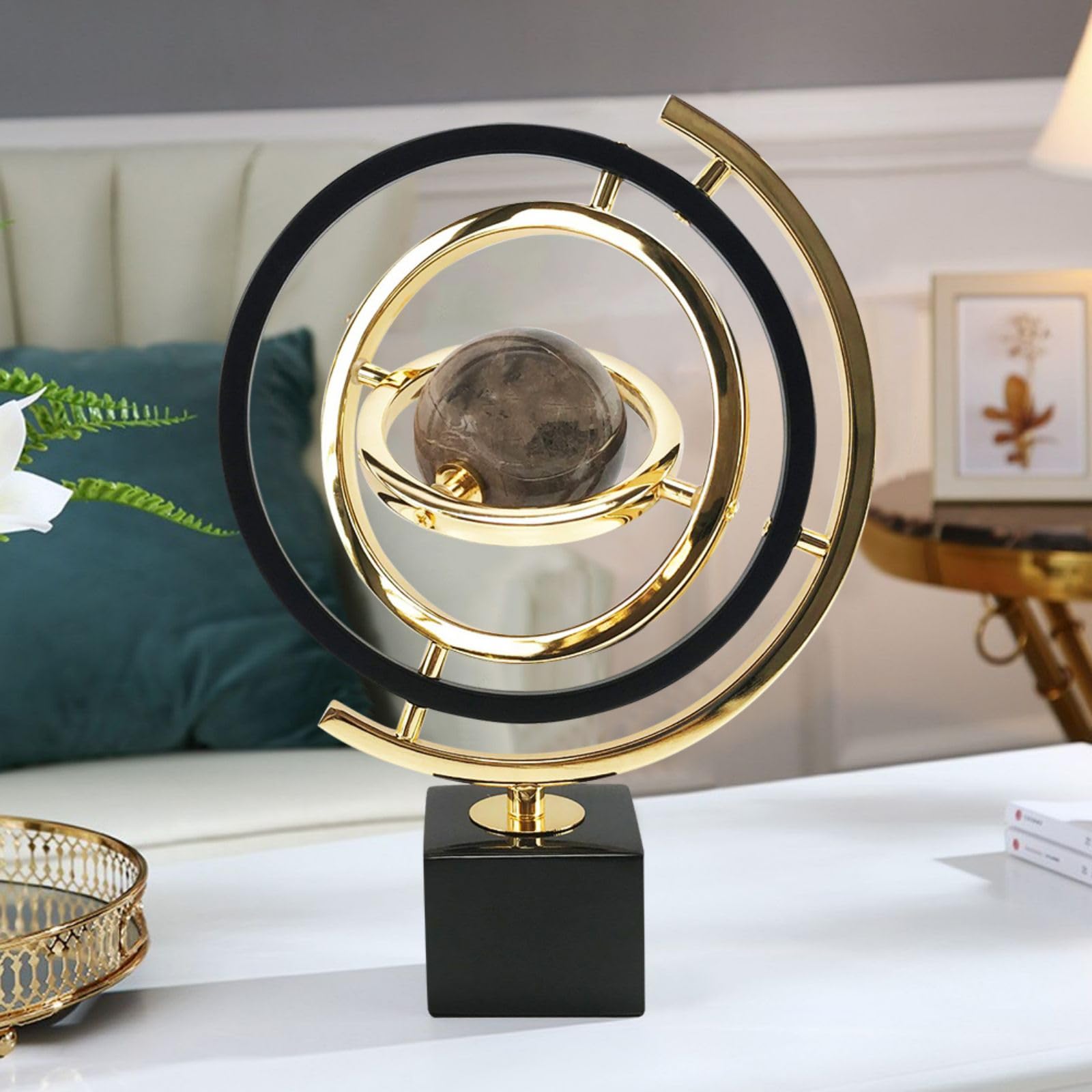 Homary Modern Abstract Metal Globe Sculpture with Rectangle Stand - Black & Gold Art Decor for Living Room, Office & Home Interior Design