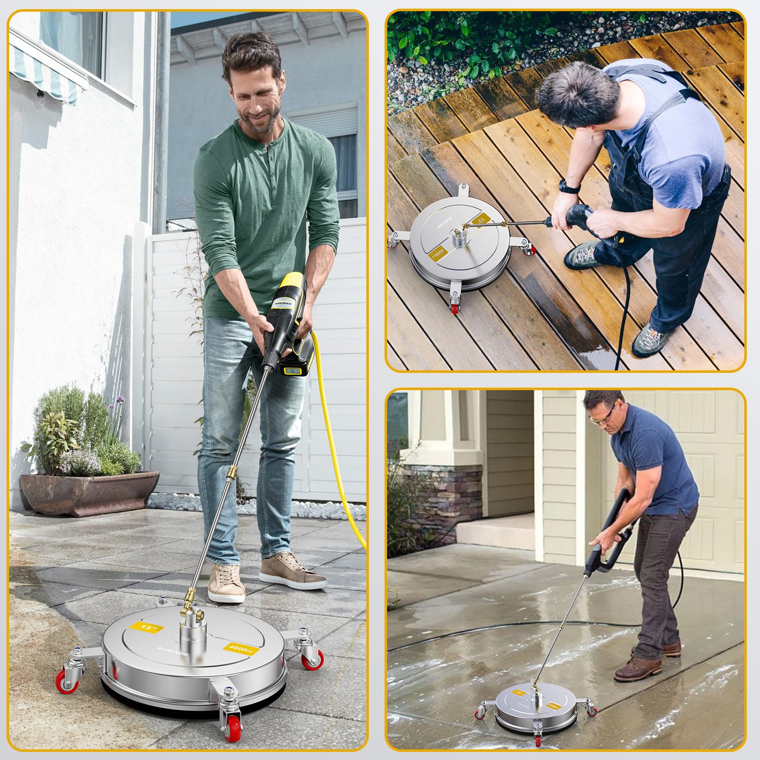 EVEAGE 15 Inch Pressure Washer Surface Cleaner - 4000 PSI Power Washer Attachment with 4 Wheels & Dual Stainless Steel Housing - Includes 2 Extension Wands - Ideal for Driveway, Deck, Patio, and Concrete Cleaning