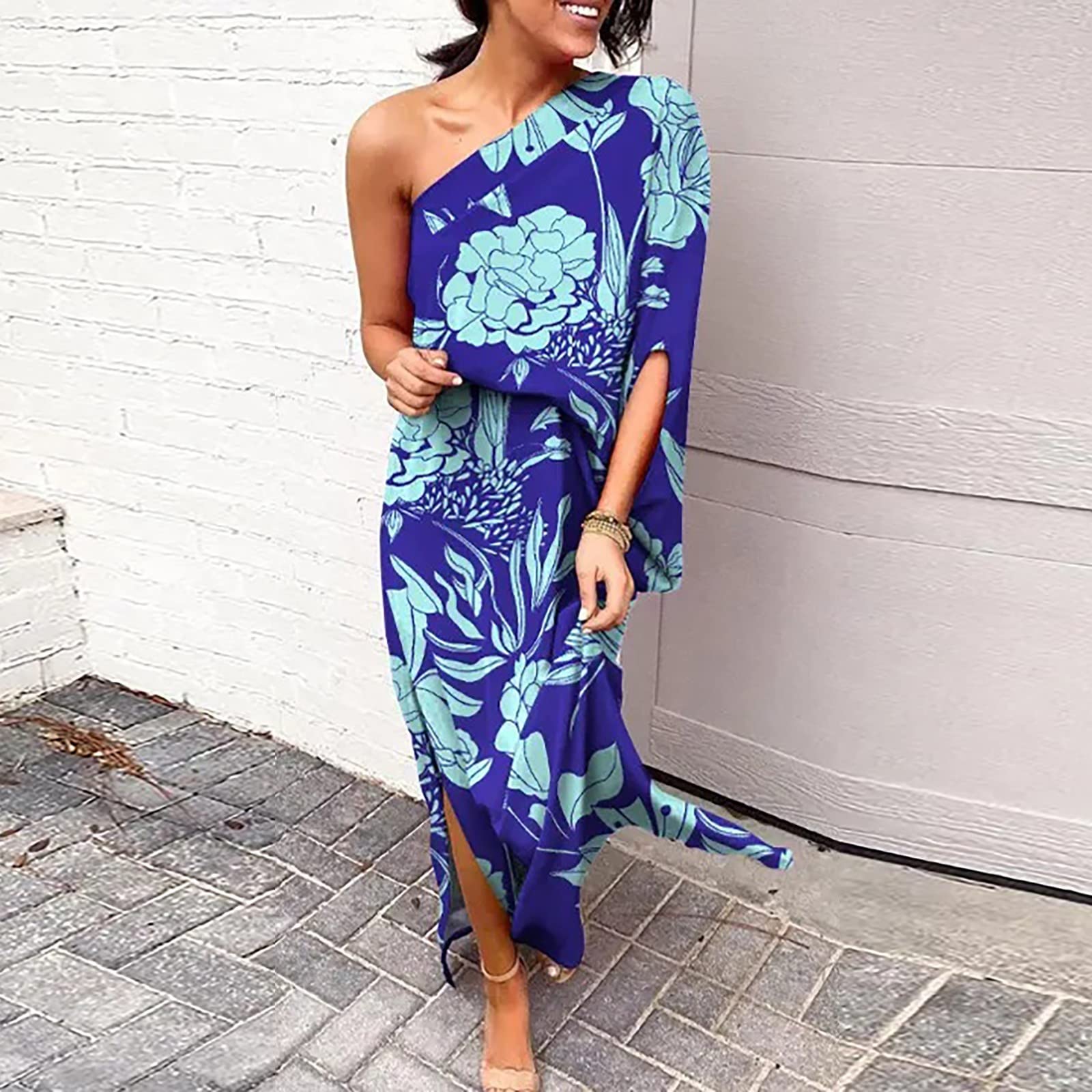 One Shoulder Dresses for Women 2024 - Spring Summer Casual Batwing Sleeve Cocktail Dress with Vintage Graphic Print | Perfect for Parties, Weddings & Night Out Events