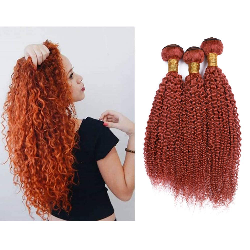 Dark Orange Brazilian Virgin Hair Weaves - 300g Kinky Curly Human Hair Extensions (3 Bundles, 10-30 Inch, #350 Color) for Afro Hairstyles & Protective Styling | Perfect for Daily Wear, Parties & Special Occasions