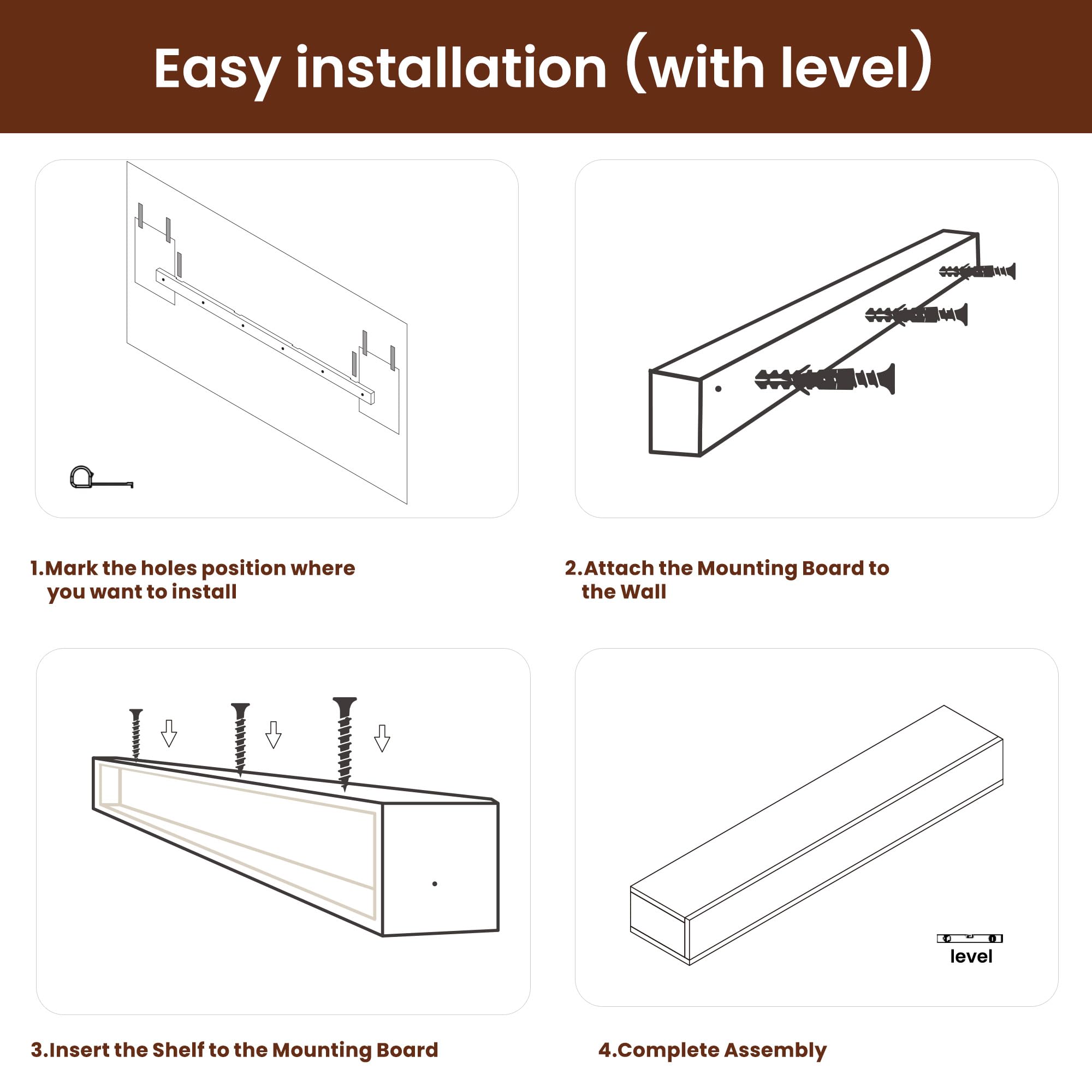 Floating Fireplace Mantel Shelf - 60 x 9 x 6 Inch Solid Wood Wall-Mounted Mantel for Over Fireplace, 60lbs Weight Capacity, Walnut Finish - Perfect for Living Room, Bedroom & Home Decor