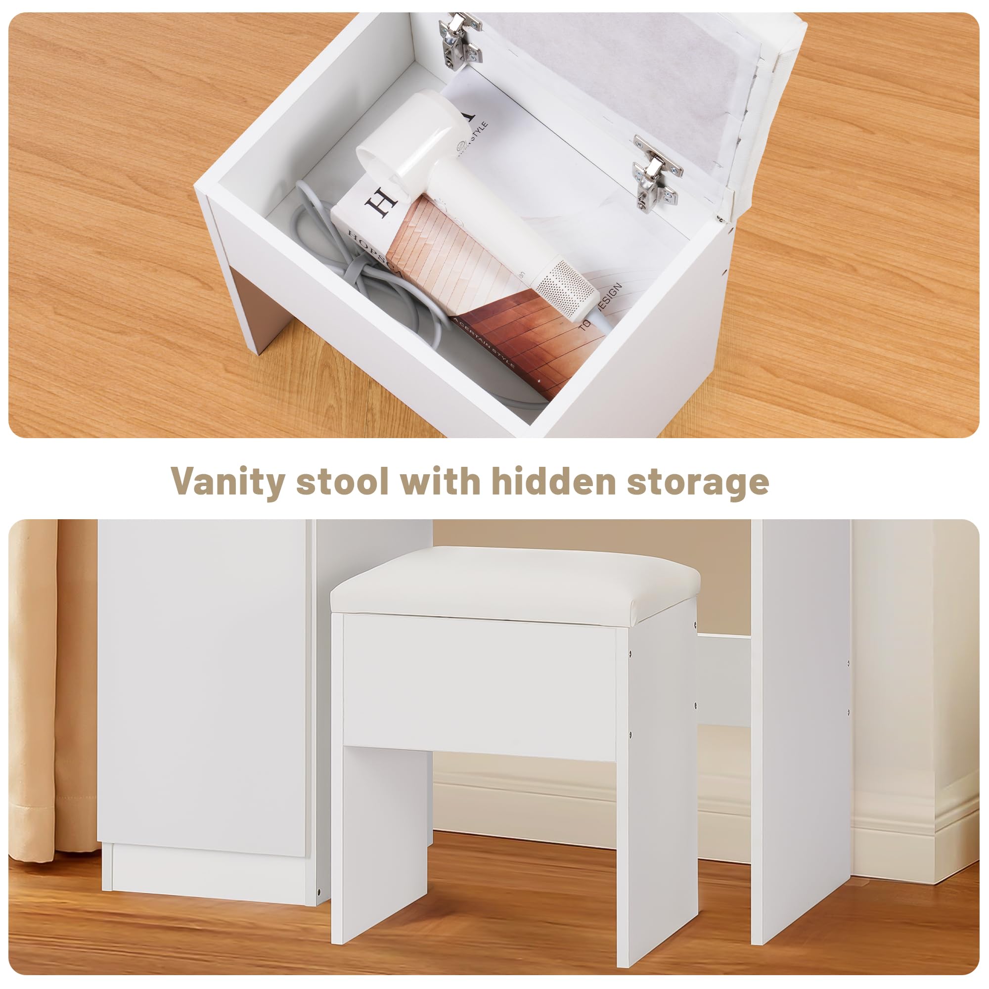 White Vanity Desk with LED Lights & Mirror - Makeup Vanity Table with Charging Station, Storage Drawers & Adjustable Stool - Perfect for Bedroom, Dressing Room & Home Office Organization