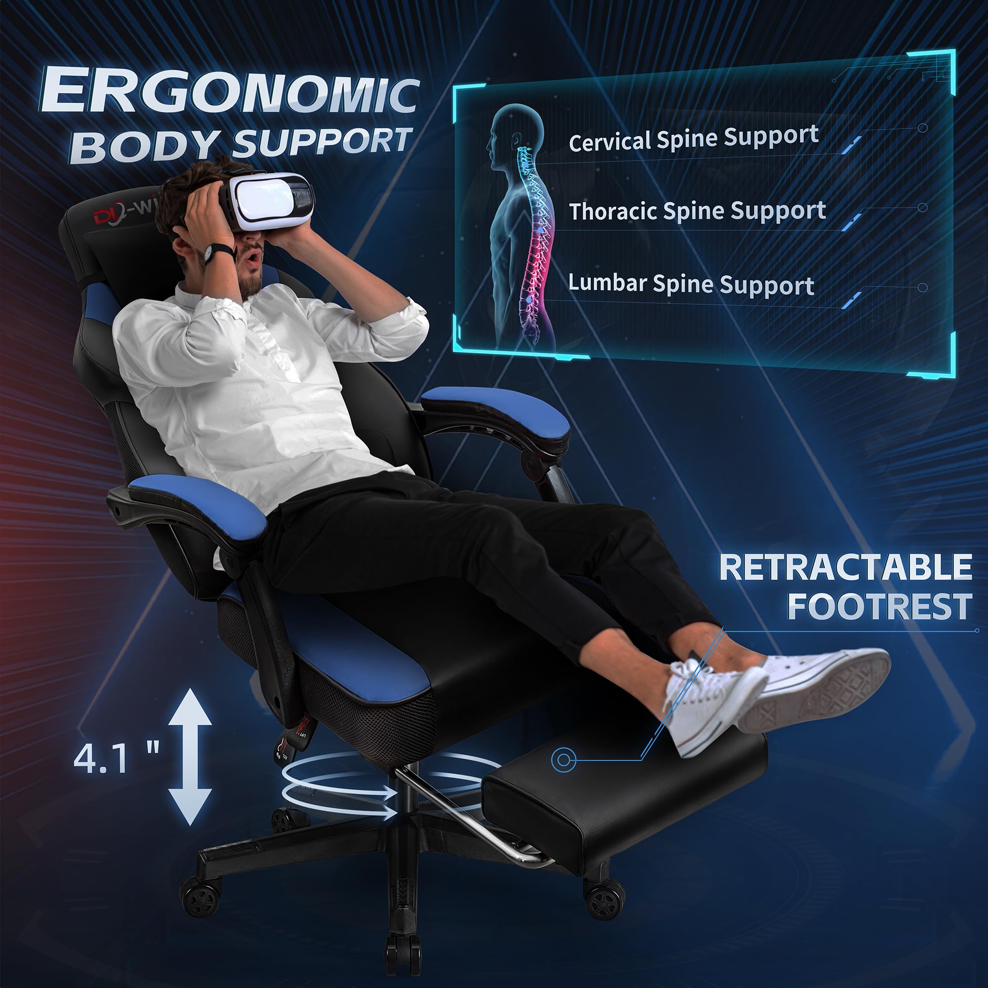 Ergonomic Gaming Chair for Adults - High Back Computer Chair with Footrest, Lumbar Massage & 360° Swivel - Adjustable Height Big & Tall Gamer Chair (Blue) - Perfect for Esports, Streaming & Home Office Setup