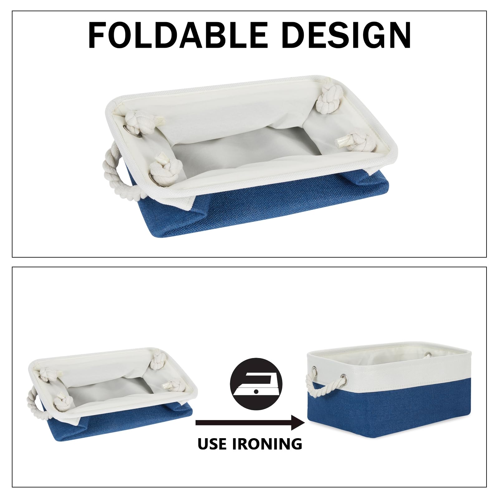 Bidtakay 6-Pack Small Canvas Storage Baskets with Handles - Navy Blue & White Fabric Storage Bins 11.8