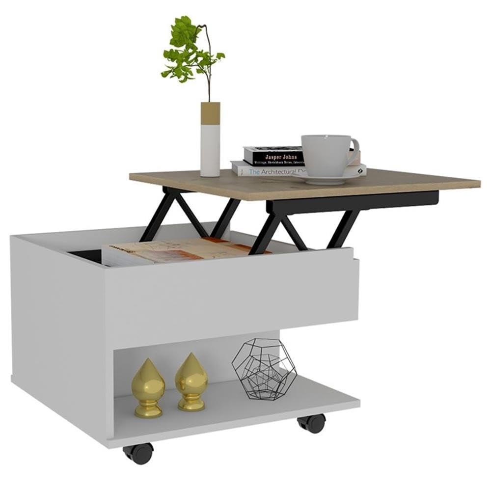 Tuhome Luanda Lift Top Coffee Table with Casters and Storage Shelf, White/Light Oak - Perfect for Living Room, Office, and Small Spaces