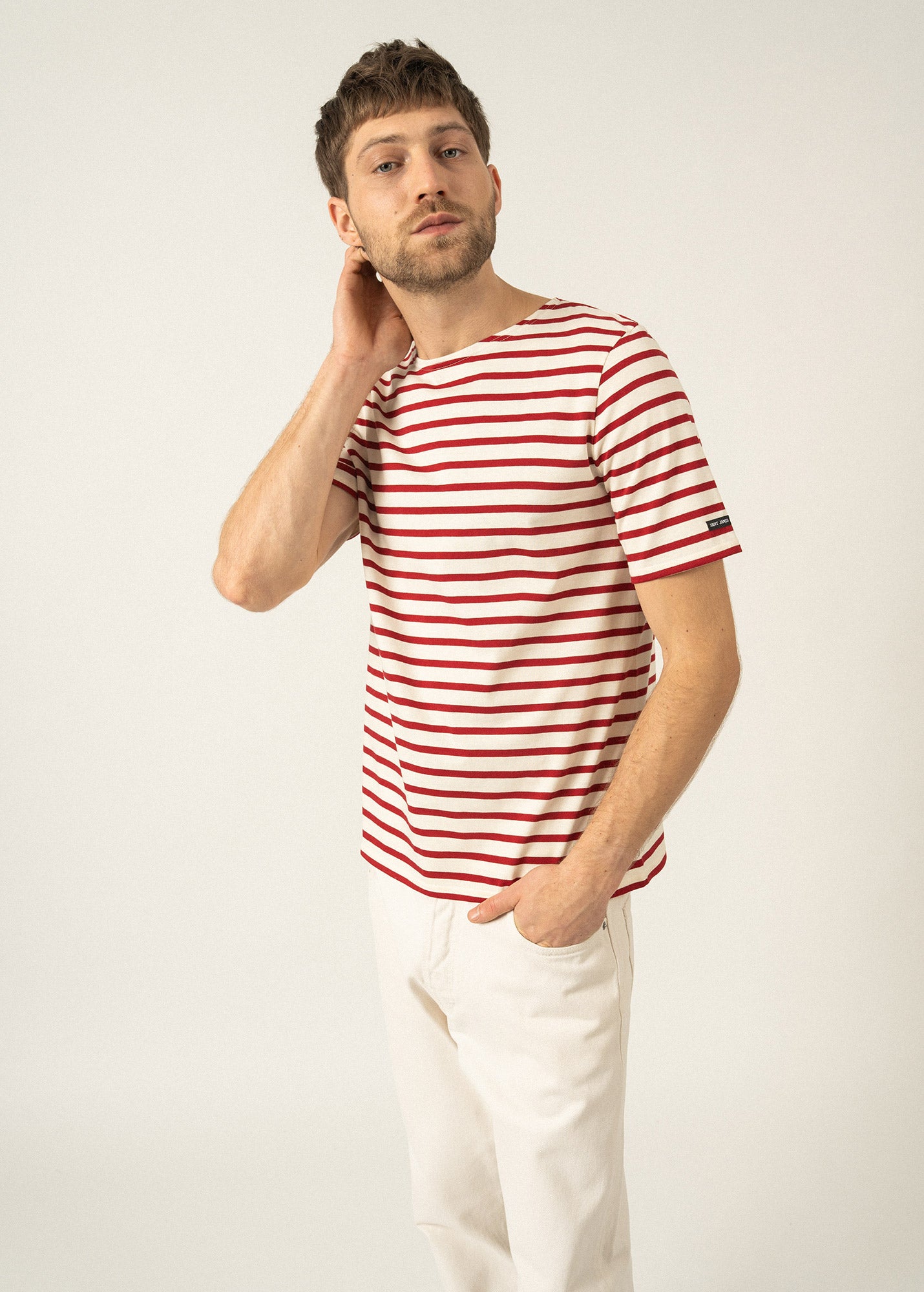 LEVANT MODERN Breton Stripe Short Sleeve Shirt - Soft Cotton Unisex T-Shirt for Men & Women (ECRU/MAROON) | Casual Wear, Summer Outfits, Beach Vacation Style