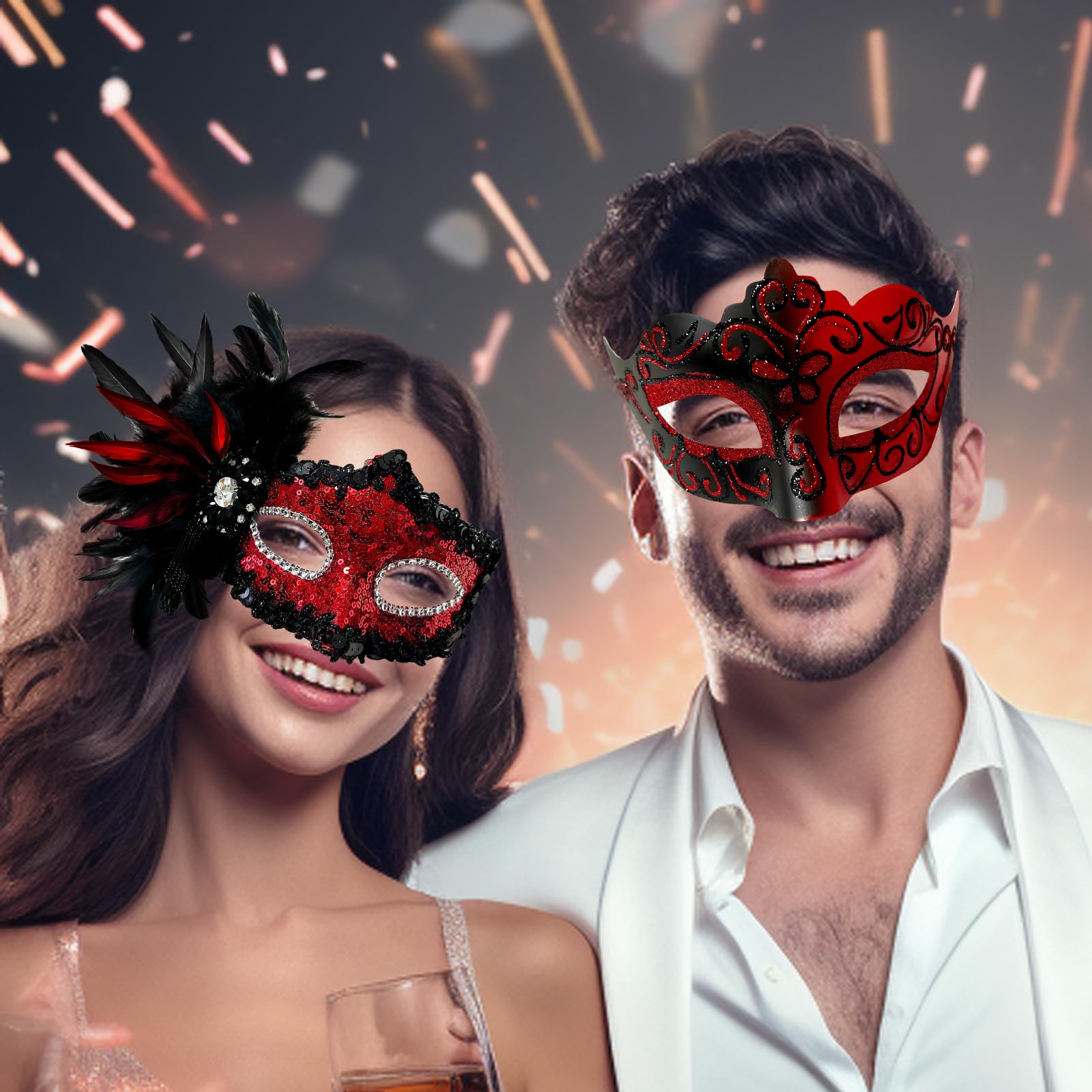 2025 New Feather Masquerade Mask for Women & Men - Elegant Couple Costume Accessory for Halloween, Mardi Gras, Ball Parties and Cosplay Events