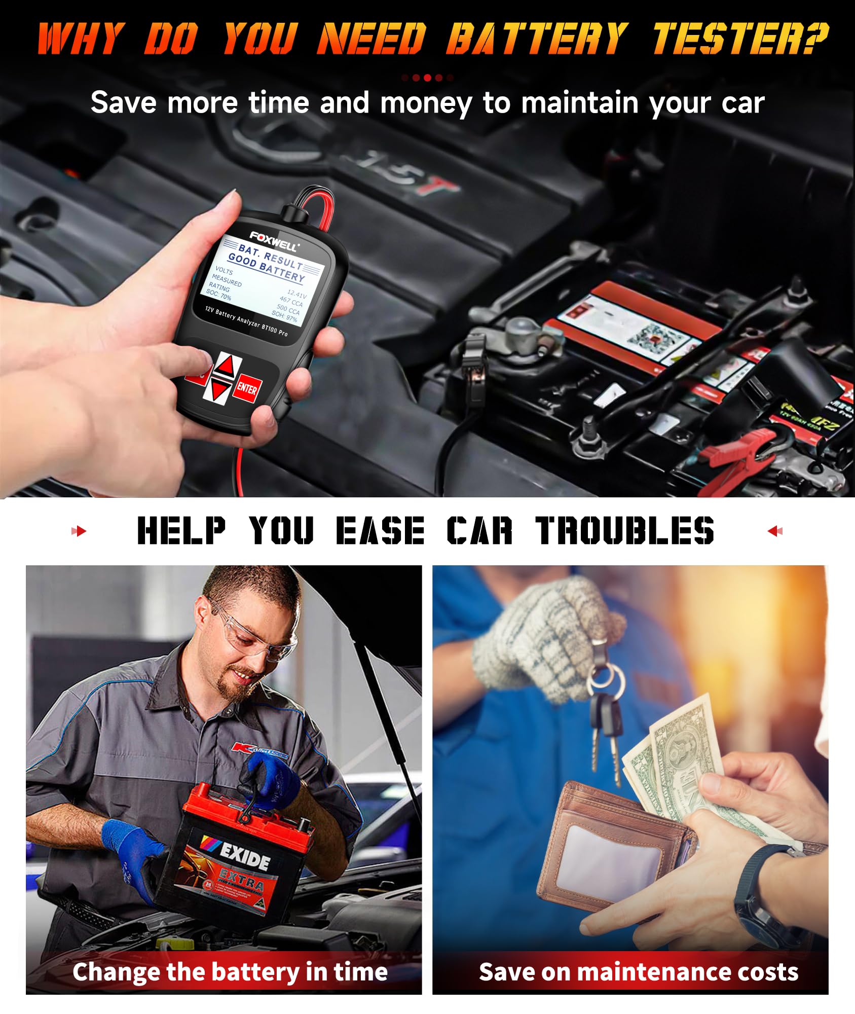 FOXWELL BT100 Pro 12V Car Battery Tester - Automotive Digital Battery Analyzer with NT301 Plus OBD2 Scanner - Perfect for Vehicle Maintenance & Diagnostics