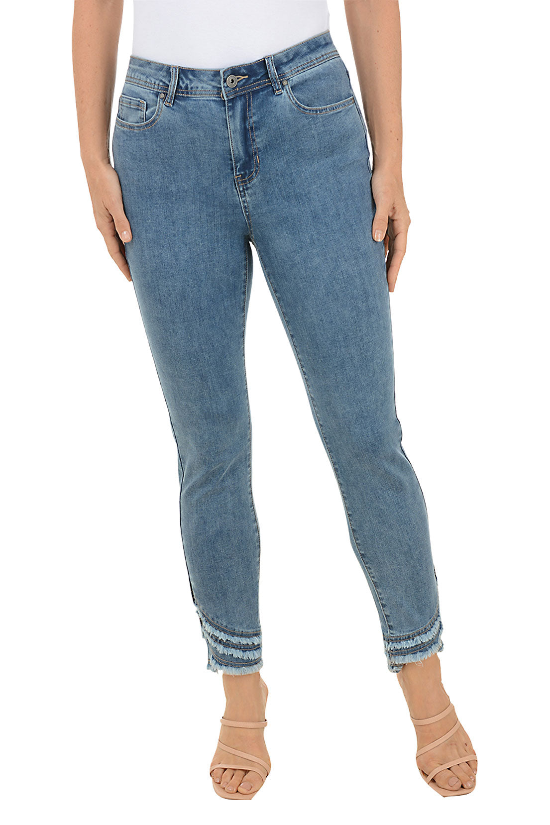 Stylish Frayed Curved Hem Denim Ankle Pants for Women - Trendy Distressed Skinny Jeans with Raw Edge Details | Perfect for Casual Outfits, Streetwear & Everyday Wear
