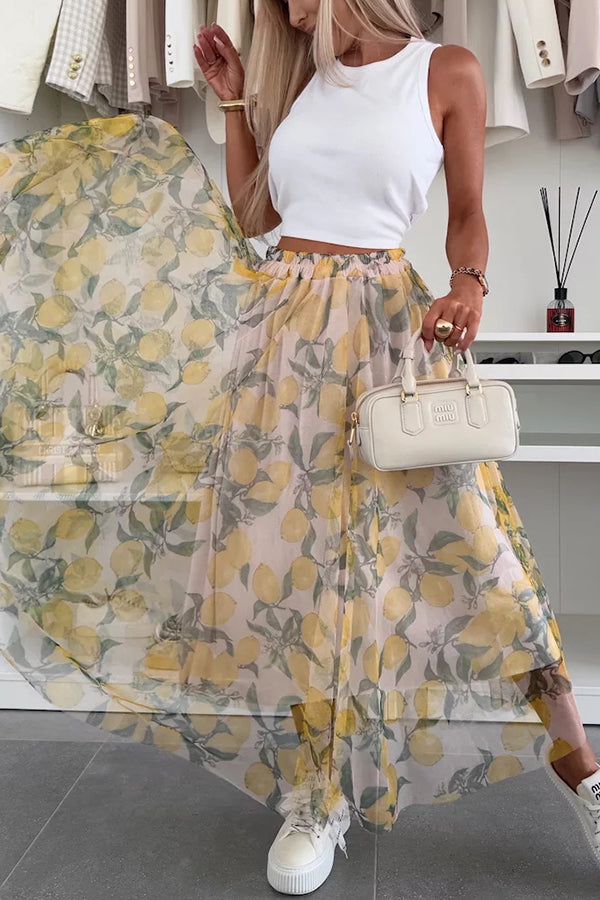 Summer Lemon Print Elastic Waist Tulle Midi Skirt for Women - Flowy A-Line Party Dress for Beach Vacation, Garden Wedding & Casual Outings