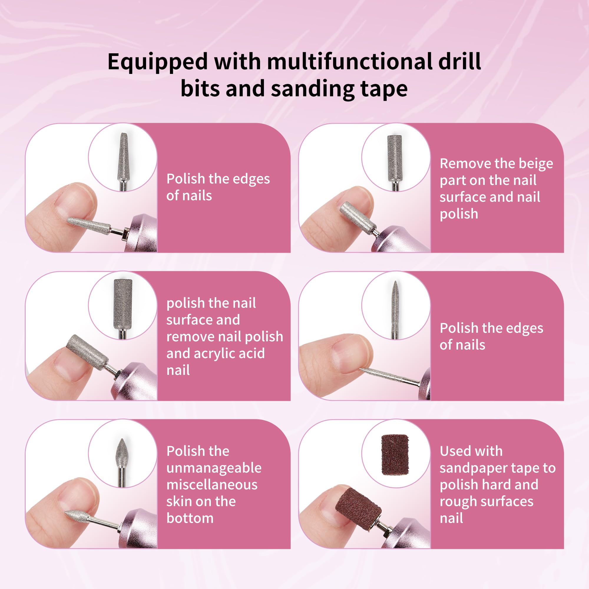 Professional Cordless Electric Nail Drill - 45000 RPM Rechargeable Manicure Machine for Acrylic & Gel Nails | Portable Nail File Kit for Salon & Home Use | Perfect for Nail Art, Polish Removal & Pedicures (Pink)