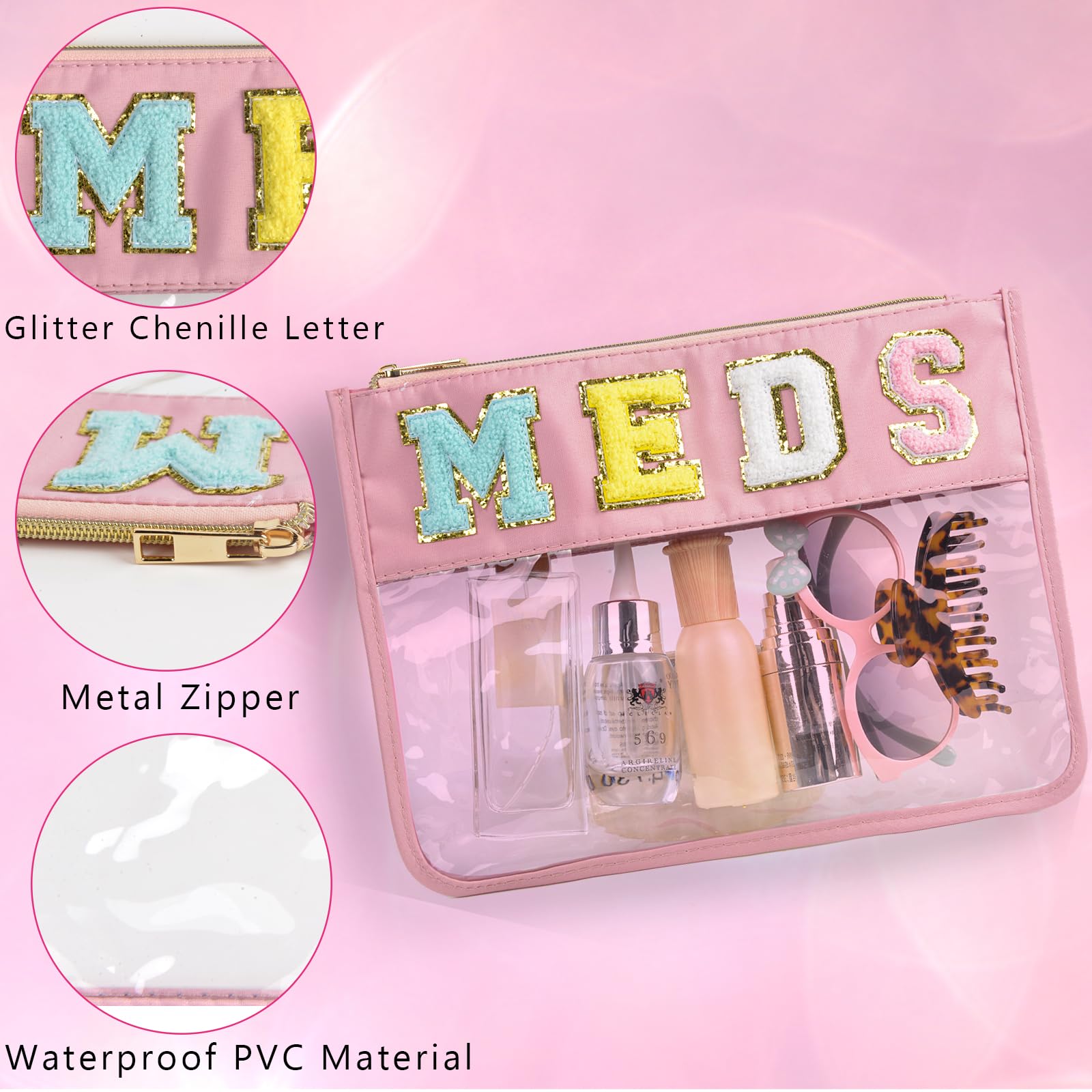 Preppy Chenille Letter Snack Bags - Waterproof Zippered Nylon & PVC Pouch for Travel, Medicine, Makeup & Cosmetics | Cute Monogrammed Stadium Purse for Women & Girls (Pink) - Perfect for School, Gym, Beach & Daily Essentials Organization