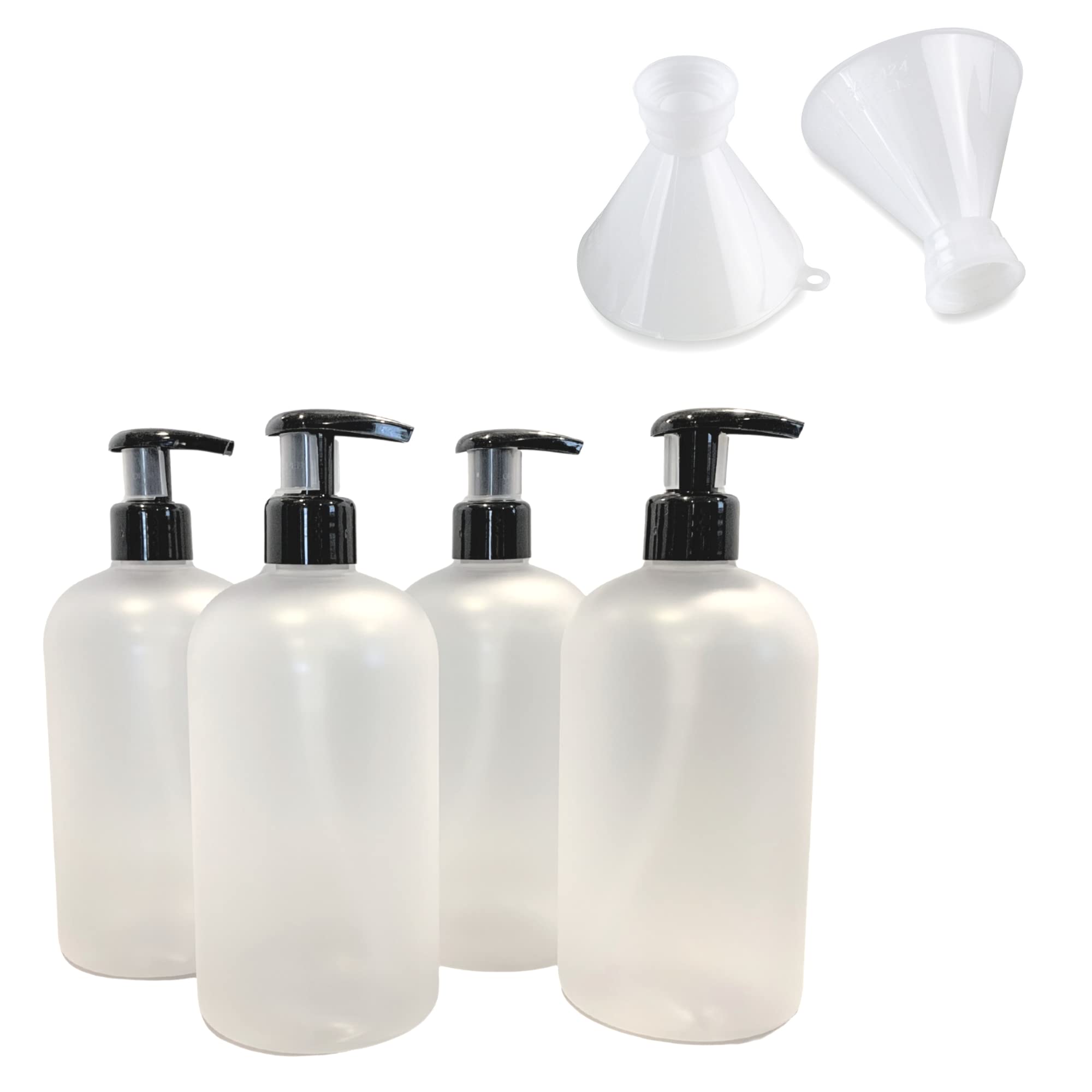 Bottiful Home - 16 oz Empty Frosted Clear PET Plastic Refillable Bottles (Set of 4) with Lotion Pumps & 2 Twist-On Plastic Funnels - Perfect for Shampoo, Conditioner, Body Wash, Liquid Soap, Lotion, and Cleanser - Ideal for Home, Salon, and Travel Use
