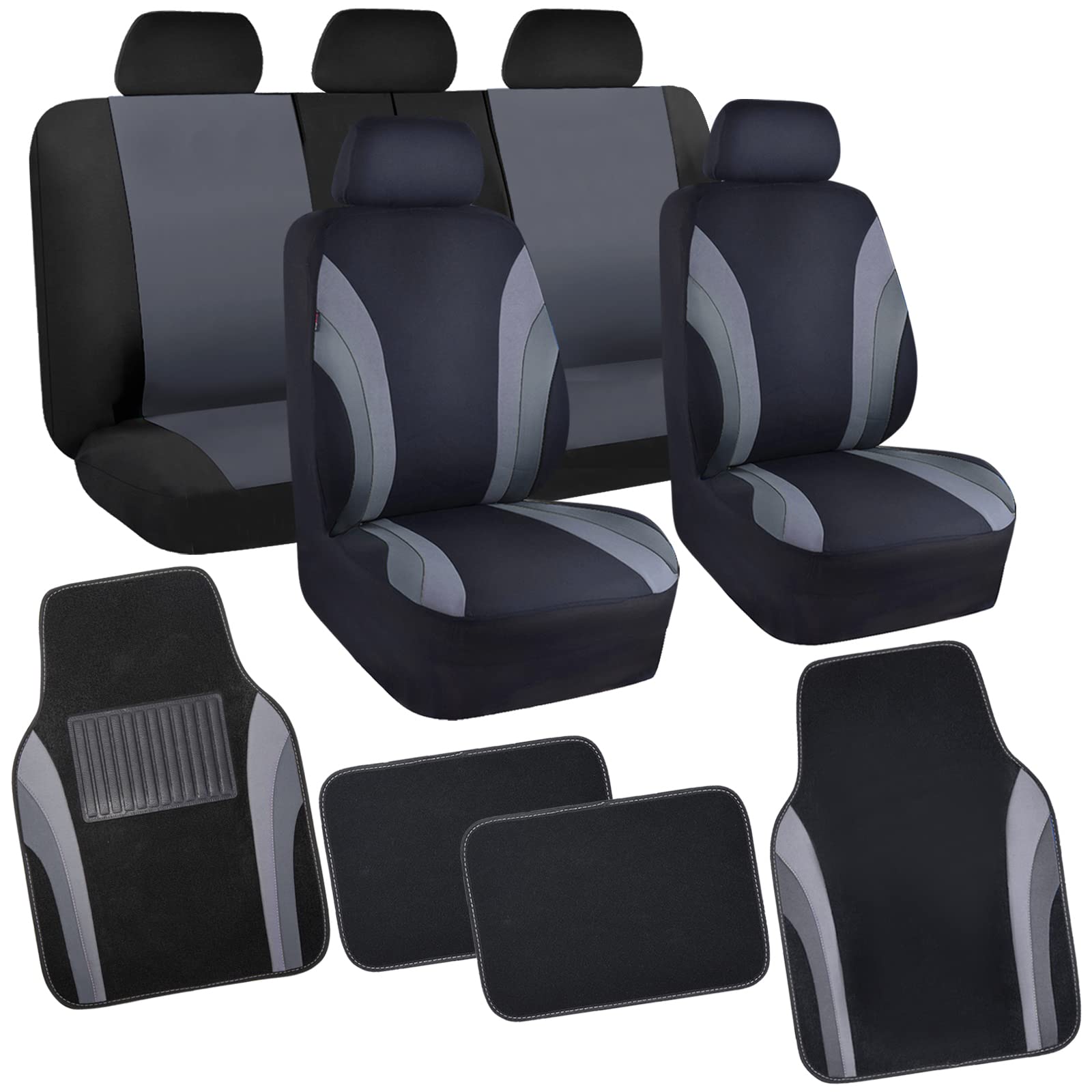 CAR PASS Line Rider Sporty Universal Car Seat Covers Full Set with 4Pcs Waterproof Floor Mats | Airbag Compatible Auto Interior Covers for Sedans, Trucks, SUVs & Vans | Durable Protection for Daily Commute, Road Trips & Family Travel (Black & Gray Combo Set)
