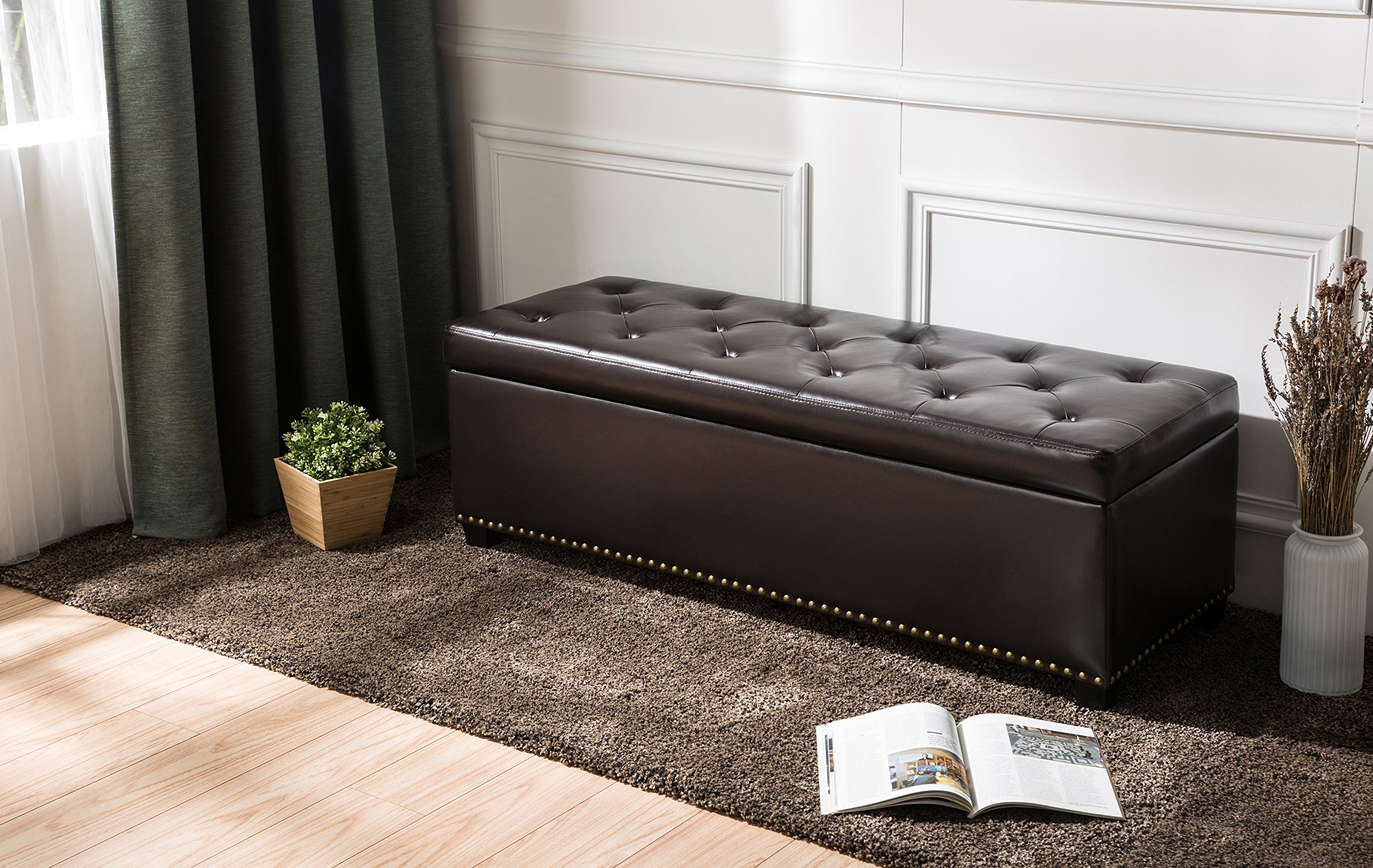 FIRST HILL FHW Thomas Large Brown Rectangular Storage Ottoman Bench - Perfect for Living Room, Bedroom & Entryway Organization