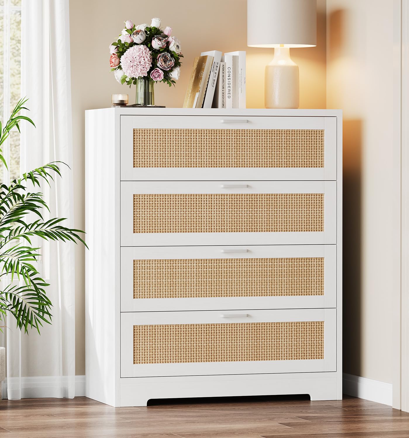 Modern 4-Drawer Rattan Dresser with Power Outlets & Metal Handles - Wooden Chest Organizer for Bedroom, Living Room, Closet, Hallway & Entryway - Perfect for Storage, Charging Devices & Home Organization