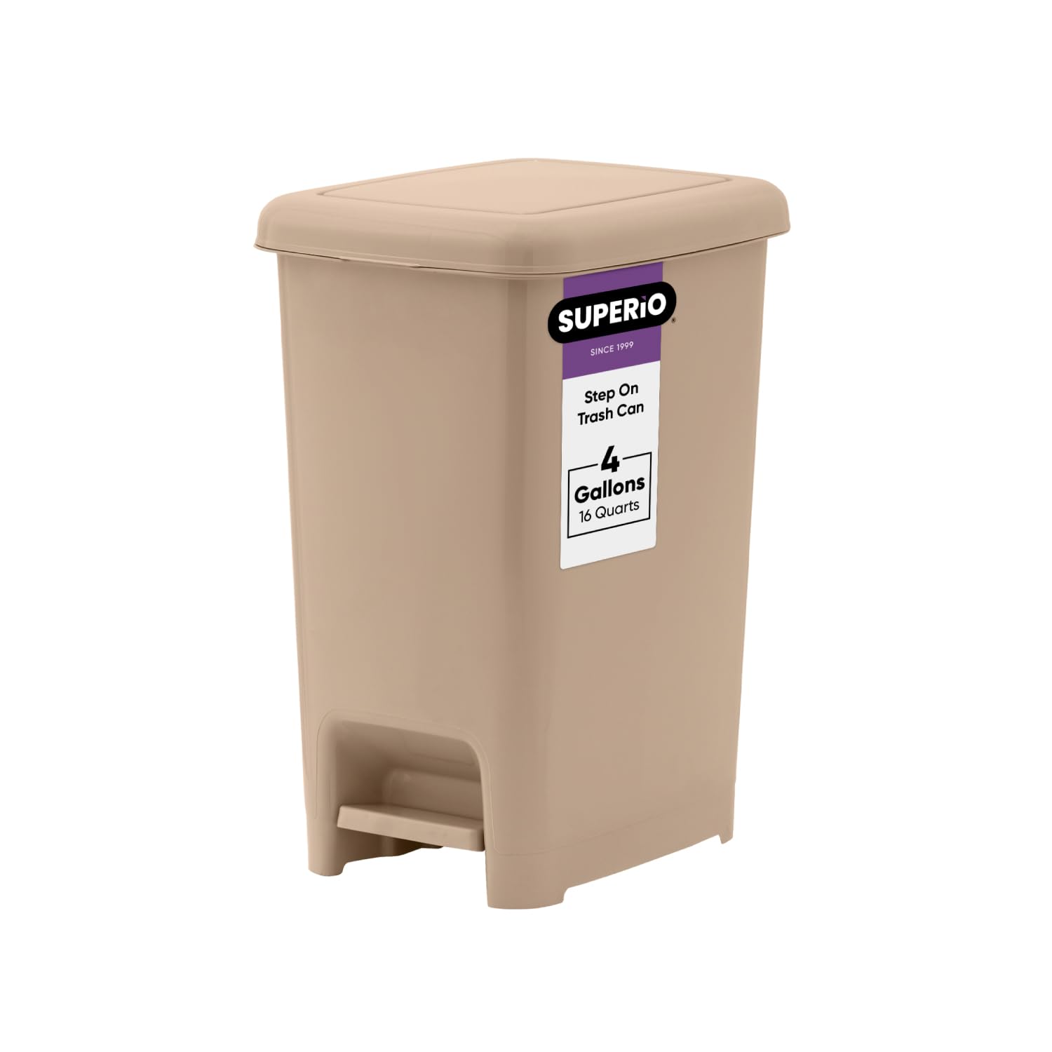Superio 4 Gallon Slim Step-On Trash Can with Lid - Small Plastic Garbage Bin for Bathroom, Bedroom, Kitchen, Office, RV, Dorm & Patio - Hands-Free Foot Pedal Design - Perfect for Tight Spaces & Hygienic Waste Disposal - Beige