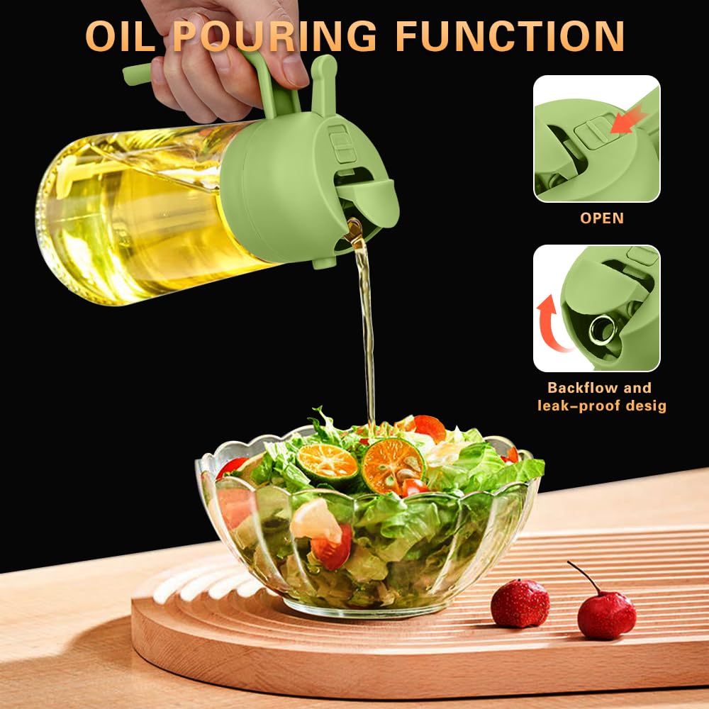 MGahyi 2-in-1 Glass Oil Sprayer & Dispenser - 470ml Kitchen Oil Spray Bottle for Healthy Cooking | Perfect for Salad Dressing, Baking & Frying | BPA-Free Glass Oil Mister (Green)