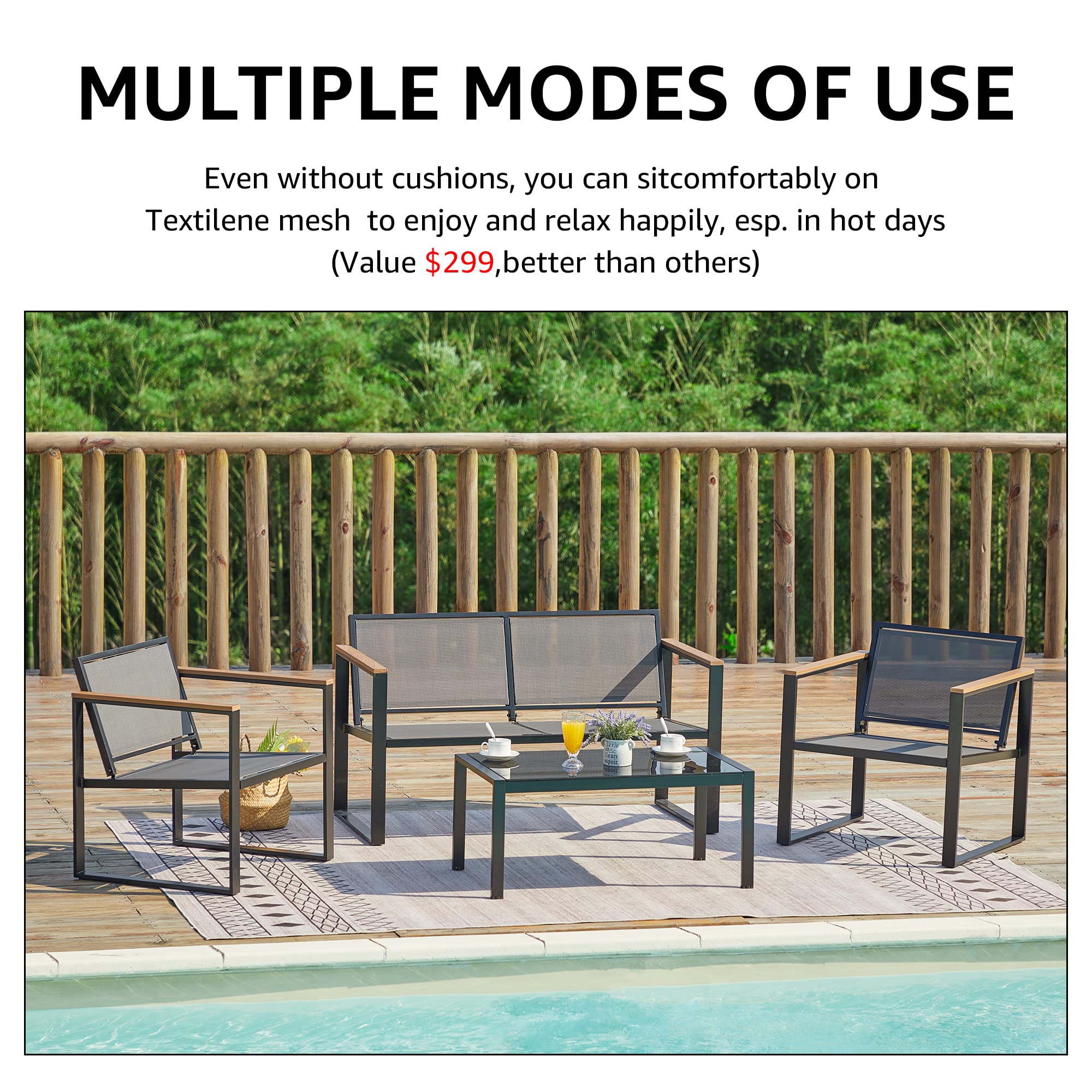 4-Piece Patio Furniture Set - Metal Outdoor Sectional Conversation Set with Wooden Anti-Scald Armrests & Sling Mesh - Includes 4
