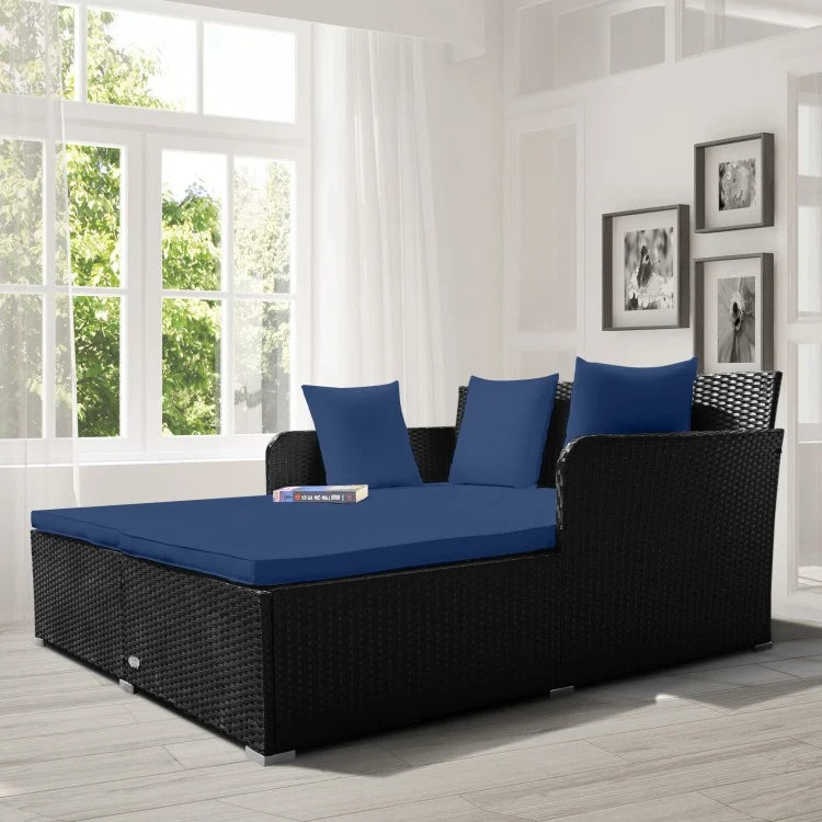 Premium Outdoor Rattan Daybed with Comfortable Upholstered Cushions & Navy Pillows - Perfect for Patio, Poolside, or Garden Relaxation