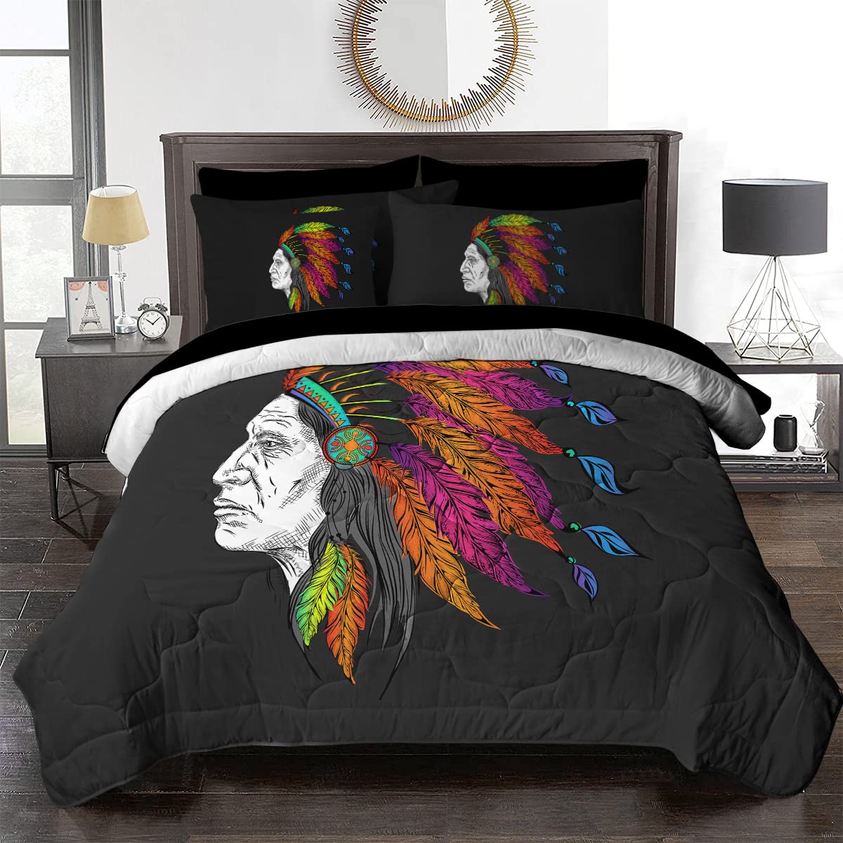 BlessLiving Native American Queen Comforter Set - 8 Piece Indian Chief Bedding Set with Comforter & Sheets, Black & Colorful Feather Design | Ethnic Home Decor for Bedroom, Dorm, Guest Room