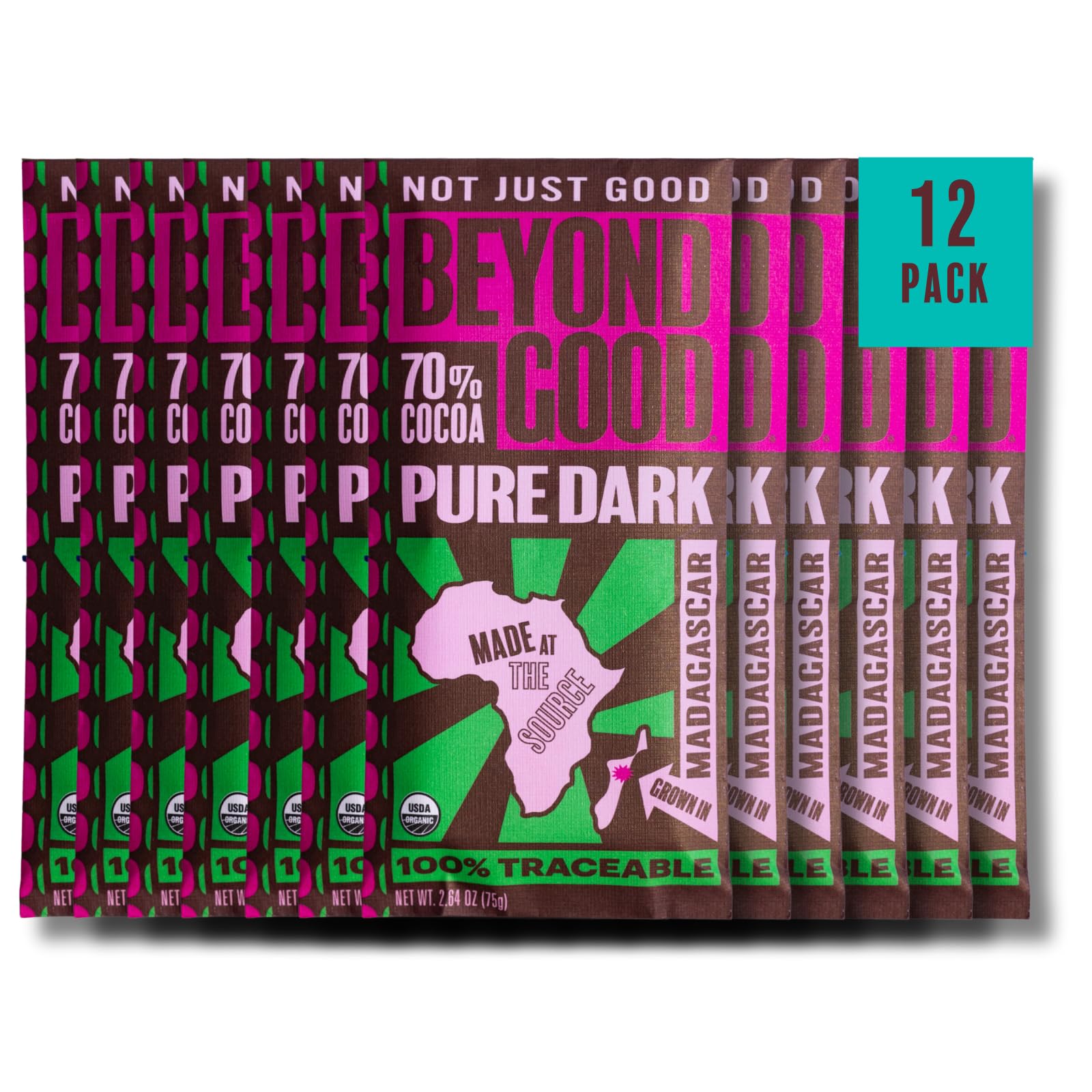 Beyond Good Organic Dark Chocolate Bars 12 Pack | Single Origin Uganda 70% Dark Chocolate | Vegan, Kosher, Non-GMO, Direct Trade | Perfect for Gifts, Baking & Healthy Snacking