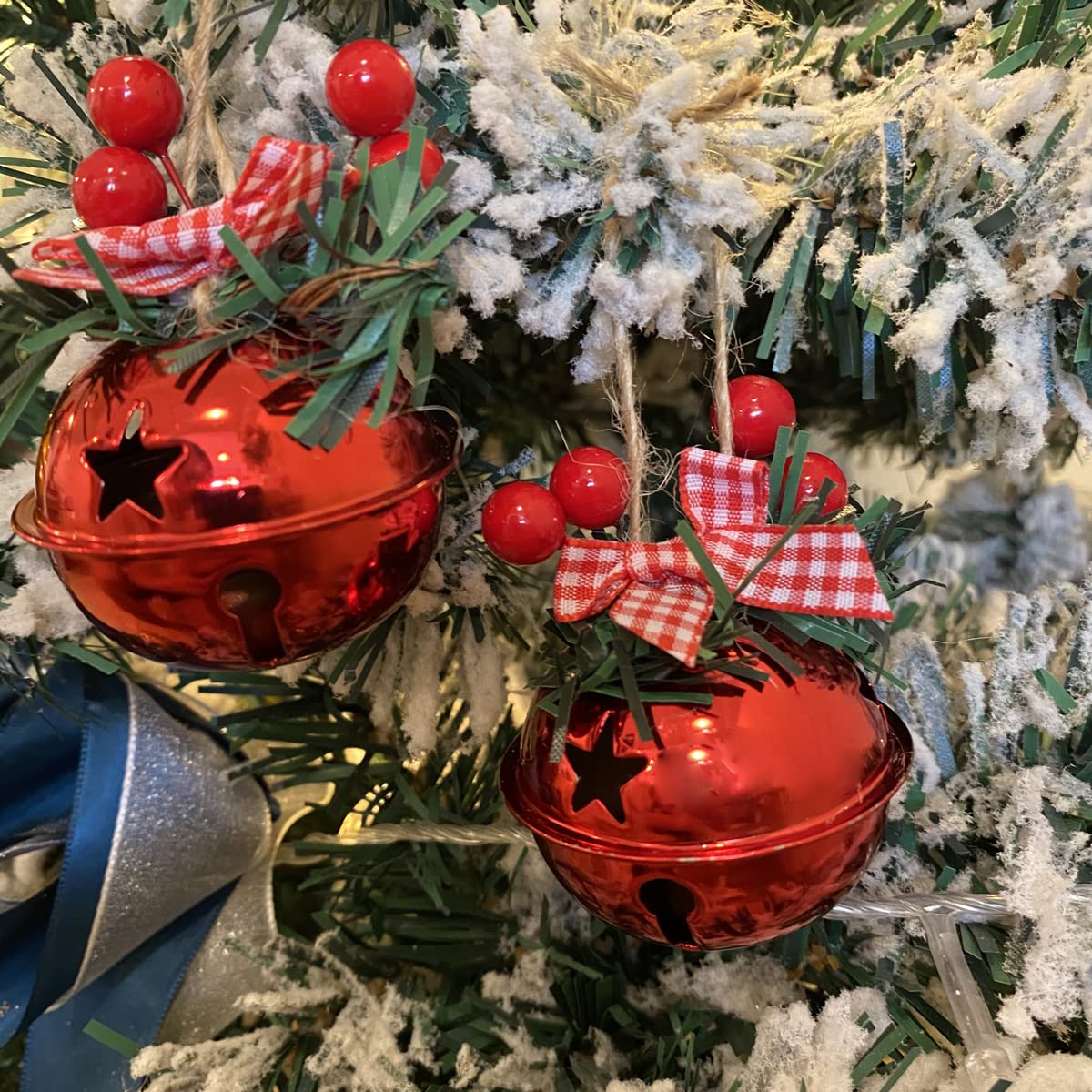18 Pcs 5CM Red Christmas Tree Bells with Pine Needle Berry Bows - Festive Holiday Decorations for Xmas Tree, Home, Office & Party Decor